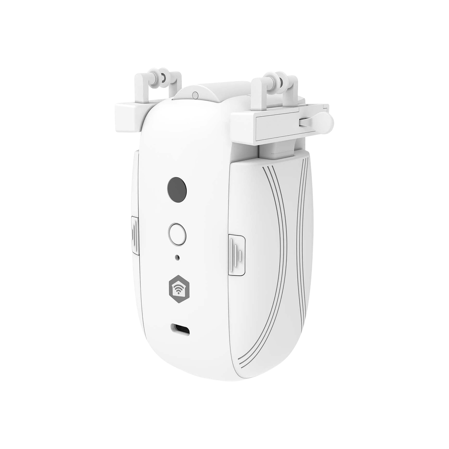 Un motore per tende smart bianco con porta USB e spie luminose.
