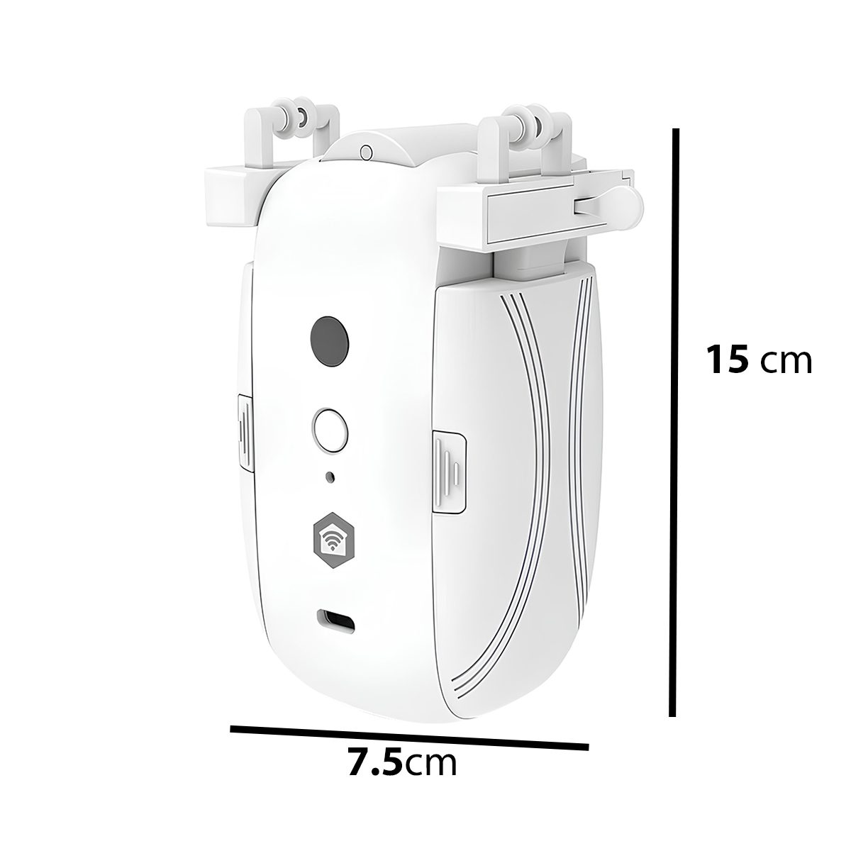 Un dispositivo bianco rettangolare con maniglia e pulsante. Misura 15x7,5 cm.