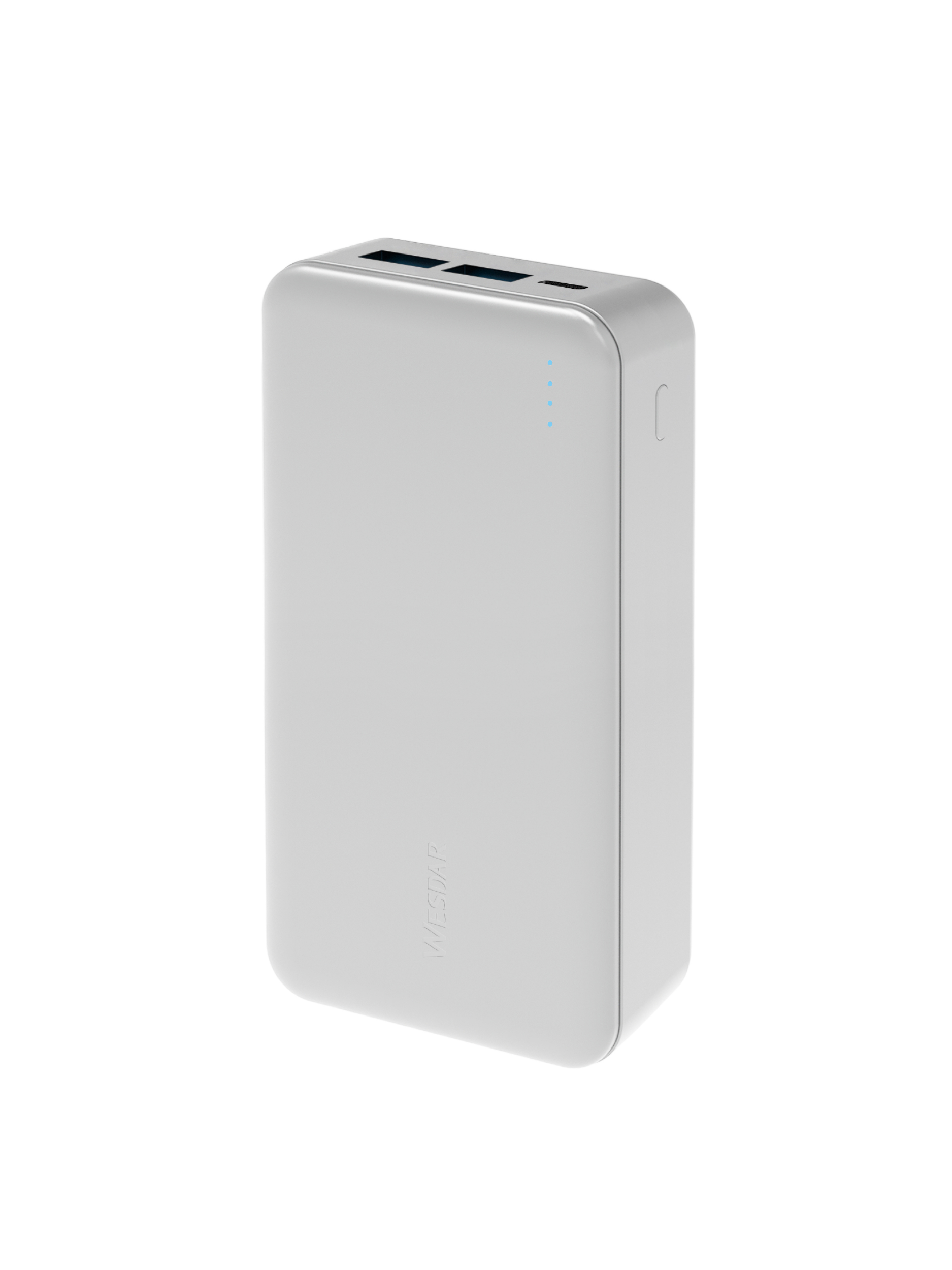 Üstte şarj portları ve mavi gösterge ışıkları bulunan beyaz, dikdörtgen bir powerbank cihazı.
