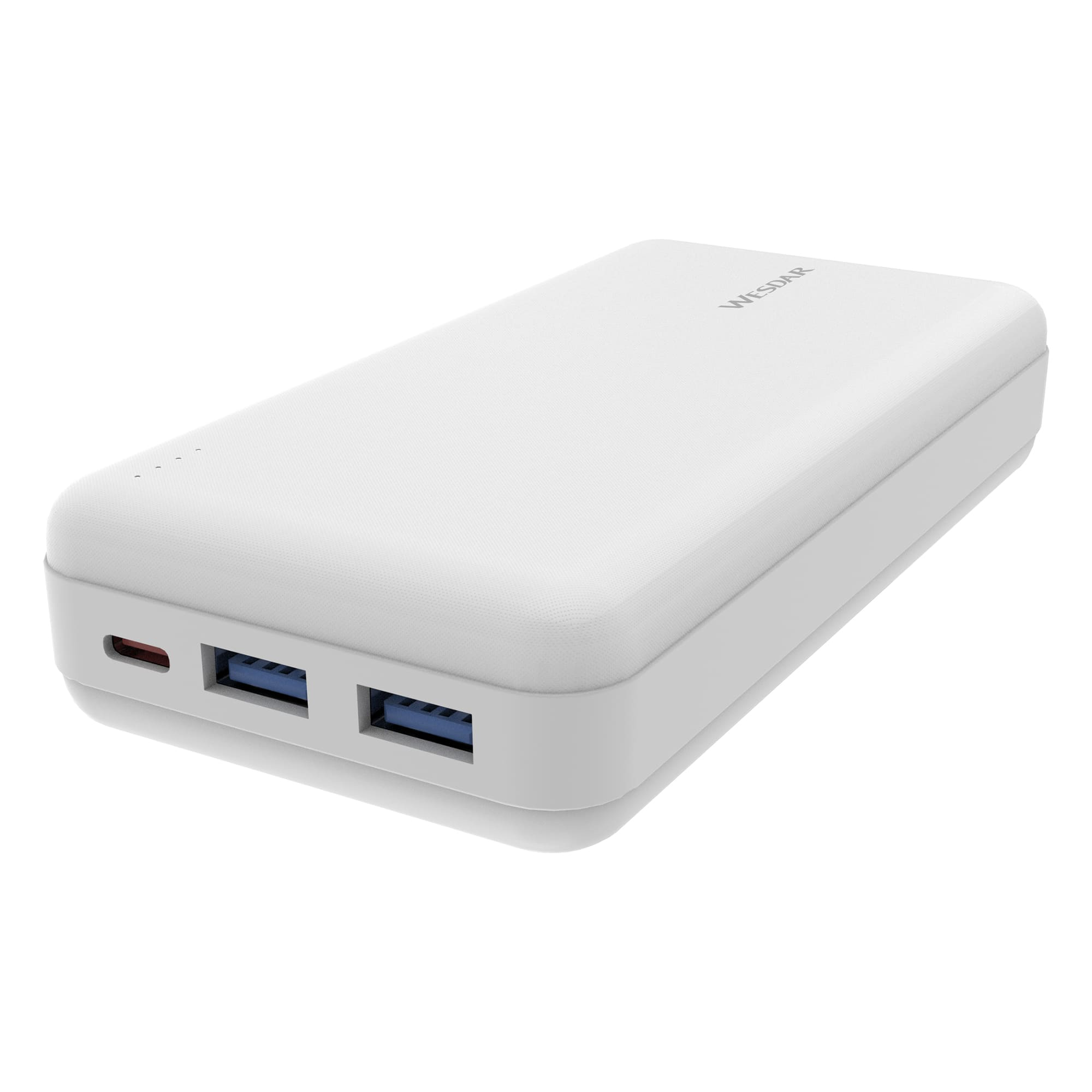 USB-C ve iki USB-A bağlantı noktasına sahip beyaz, dikdörtgen powerbank cihazı.