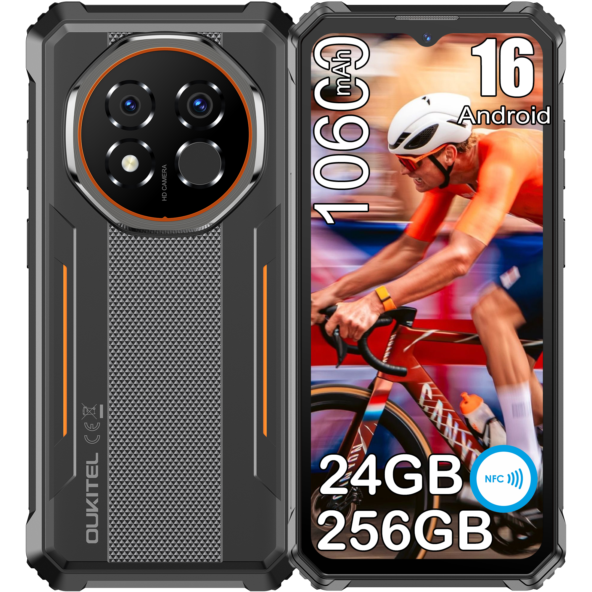 Uno smartphone robusto con quattro fotocamere posteriori e un ciclista sullo schermo.