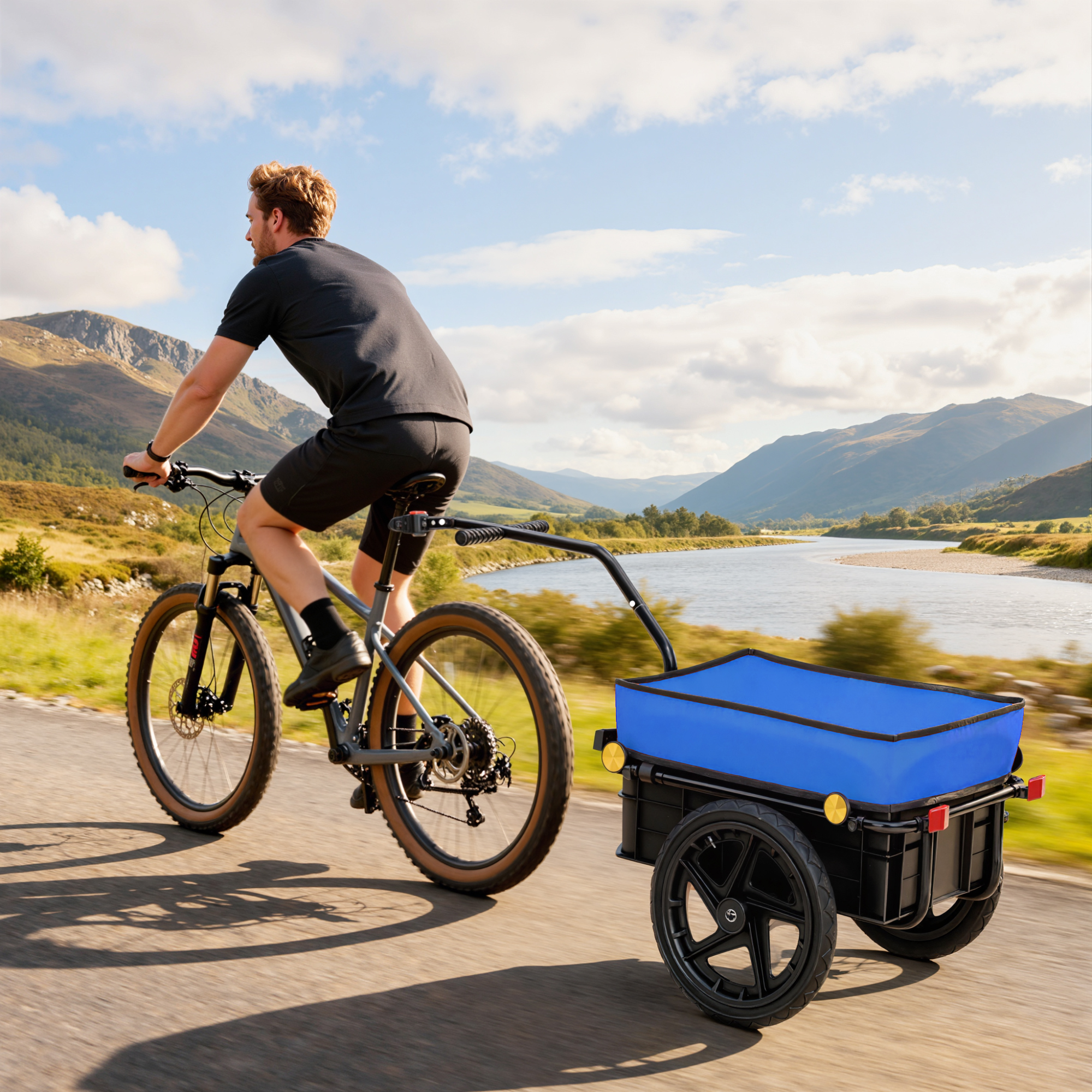 Hombre monta bicicleta con remolque azul junto a río en paisaje montañoso.
