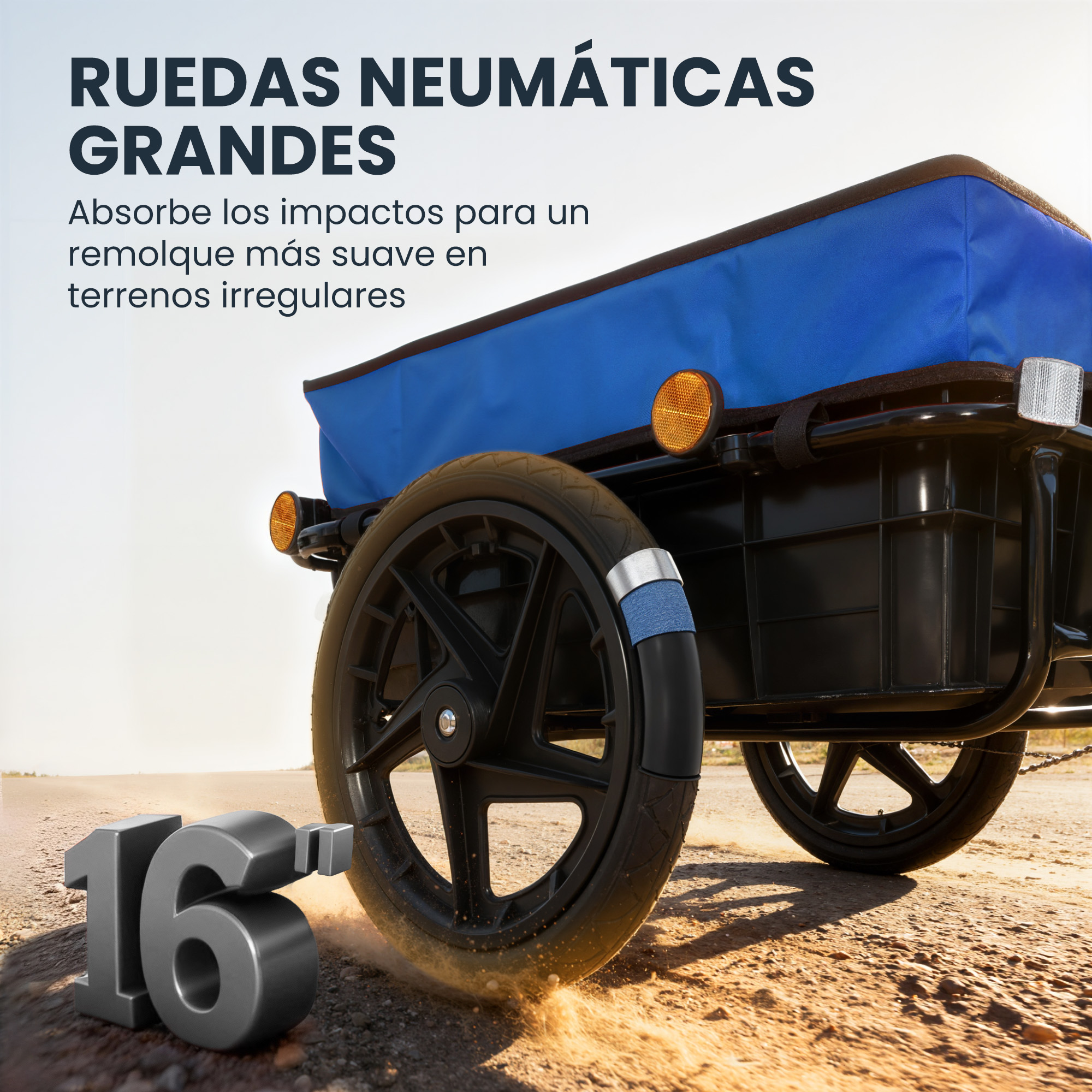 Neumáticos grandes en un remolque con el número 16, circulando por terreno polvoriento.