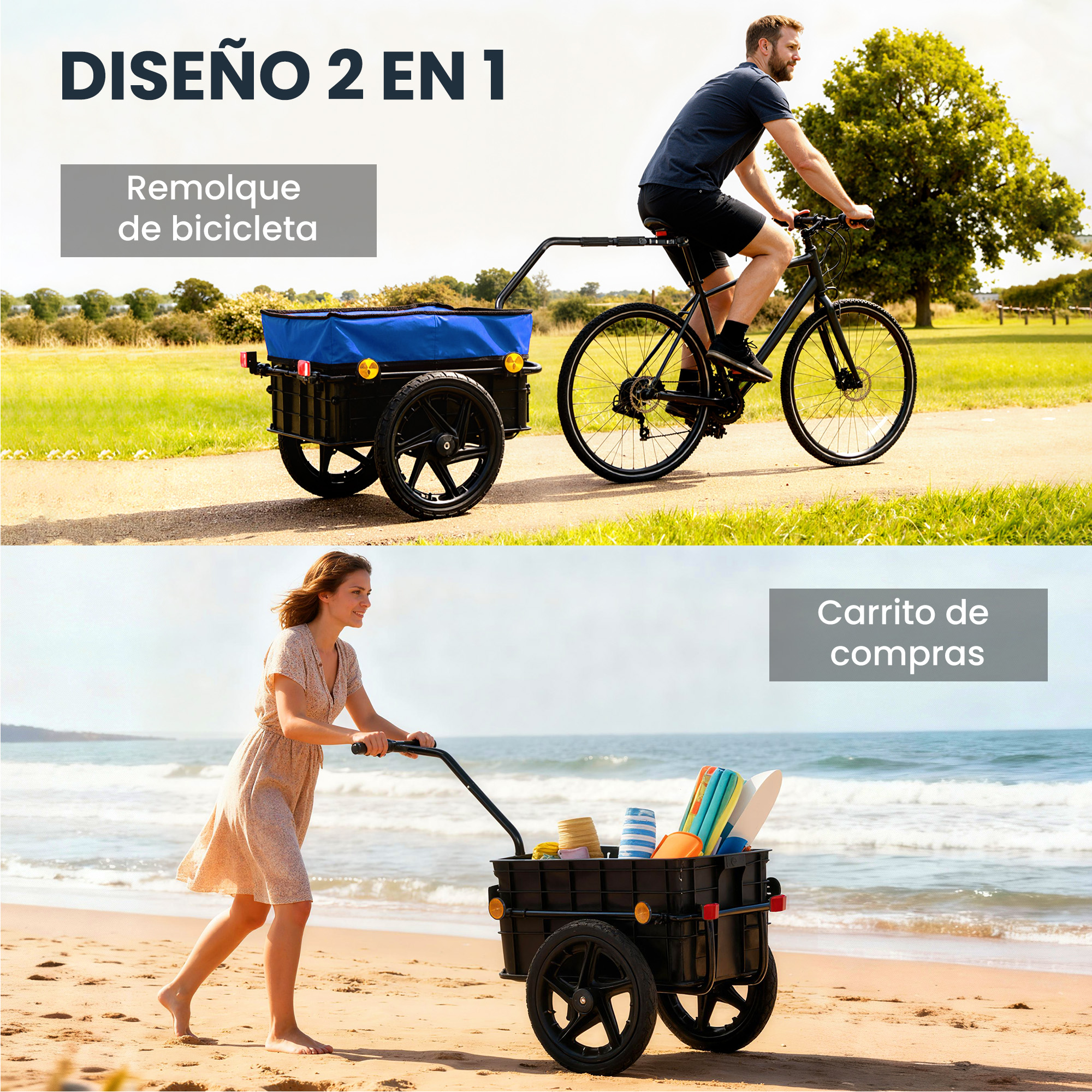 Hombre en bici con remolque, mujer empuja carrito en playa.