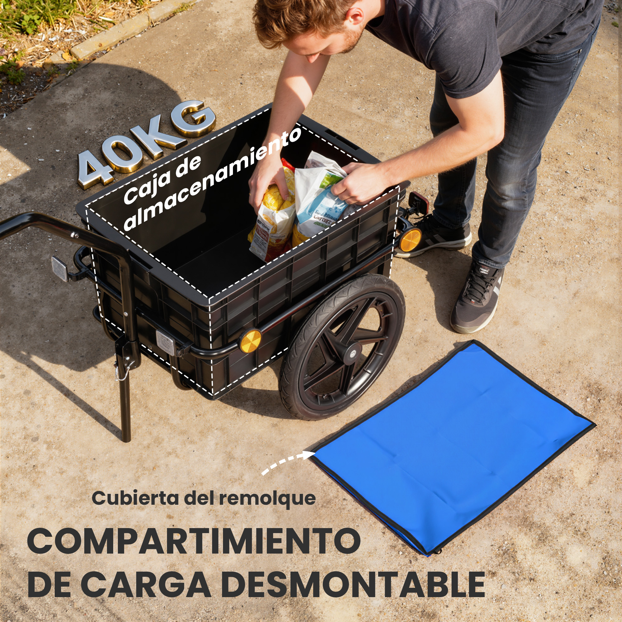 Hombre guarda alimentos en remolque negro de 40kg. Lona azul cerca.