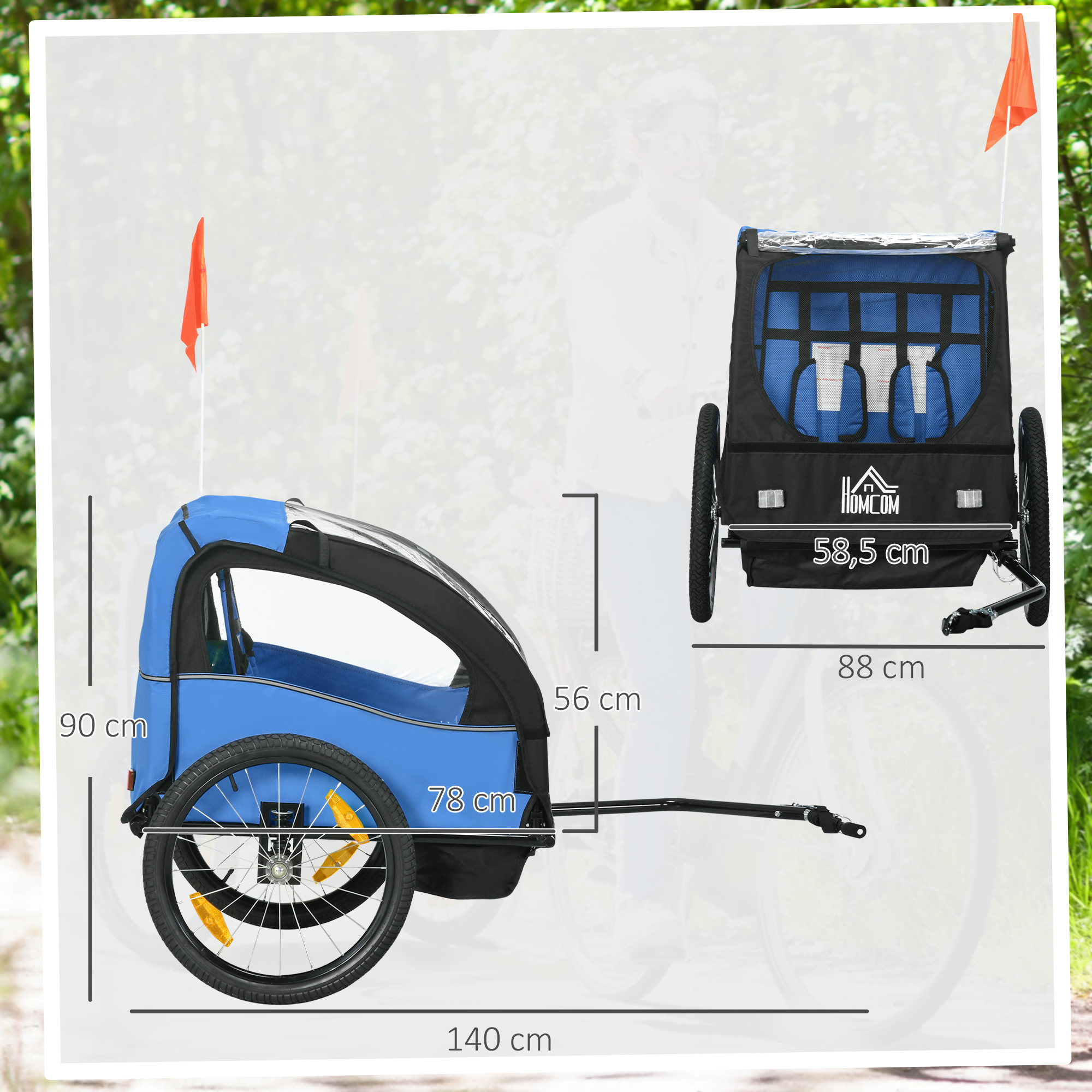 Remolque de bicicleta azul con banderas naranjas, dimensiones mostradas.