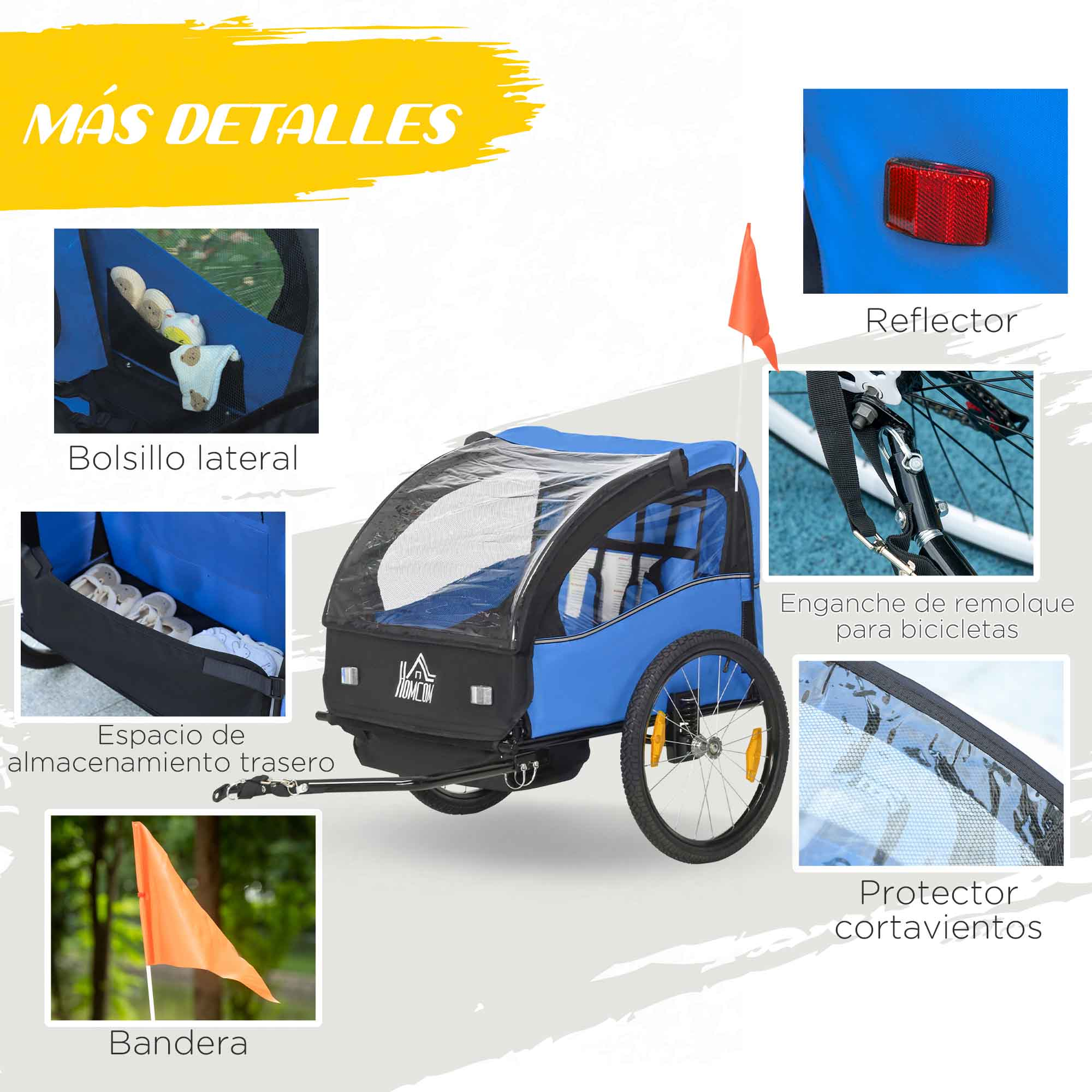 Remolque de bicicleta azul con detalles: bolsillo lateral, reflector, enganche, protector.