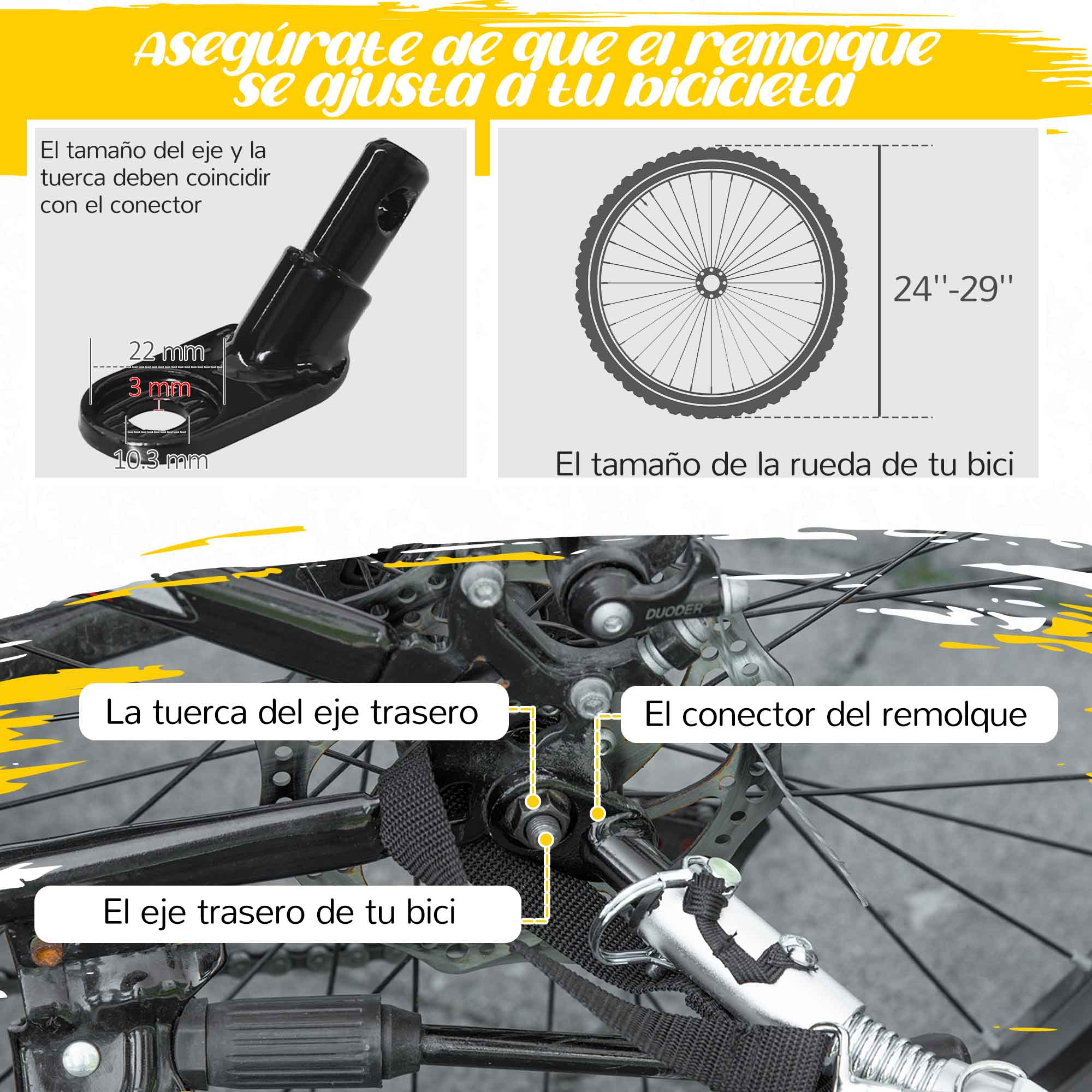 Adaptador de enganche de remolque y eje trasero con indicadores de tamaño para ruedas.