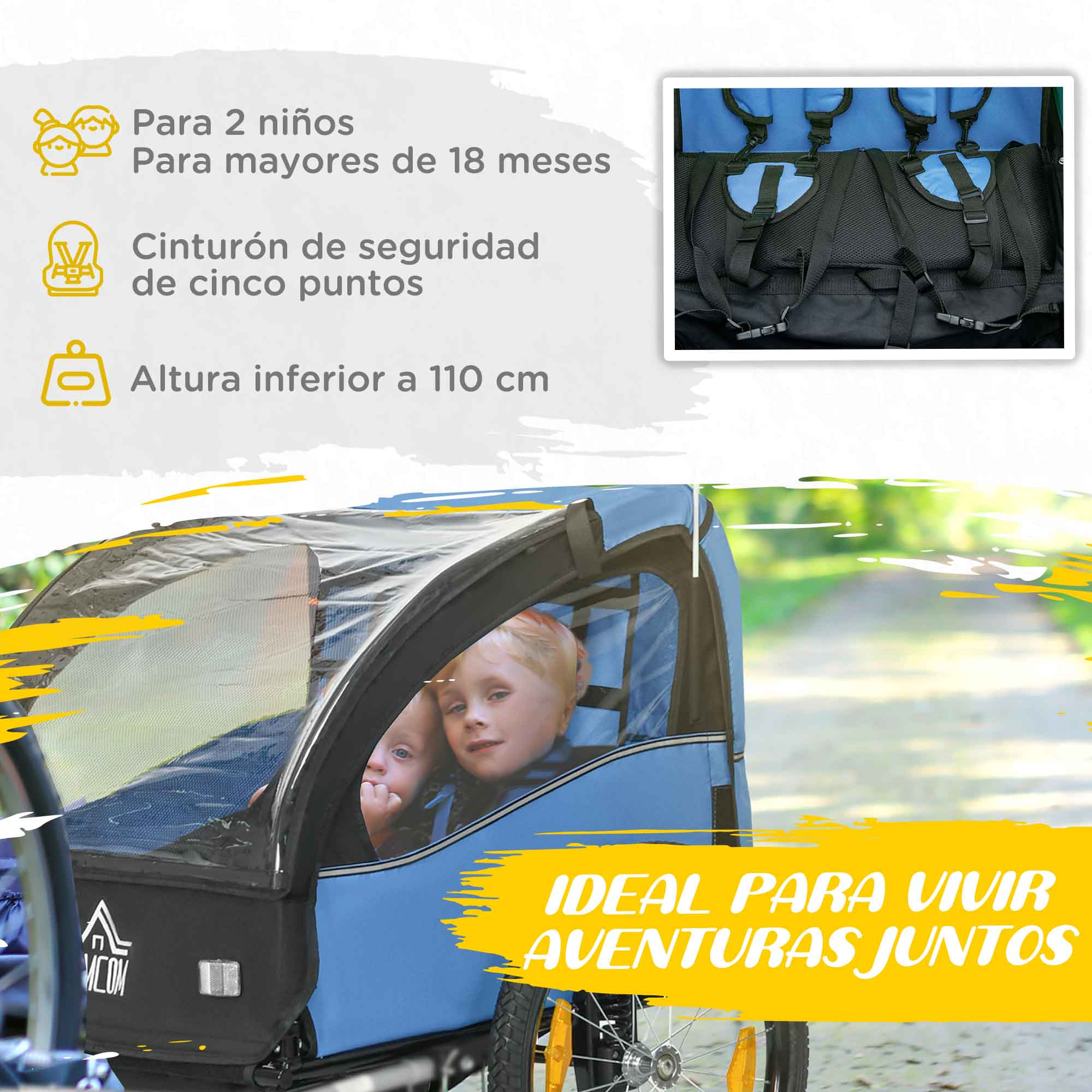 Remolque azul para niños con dos niños y texto.