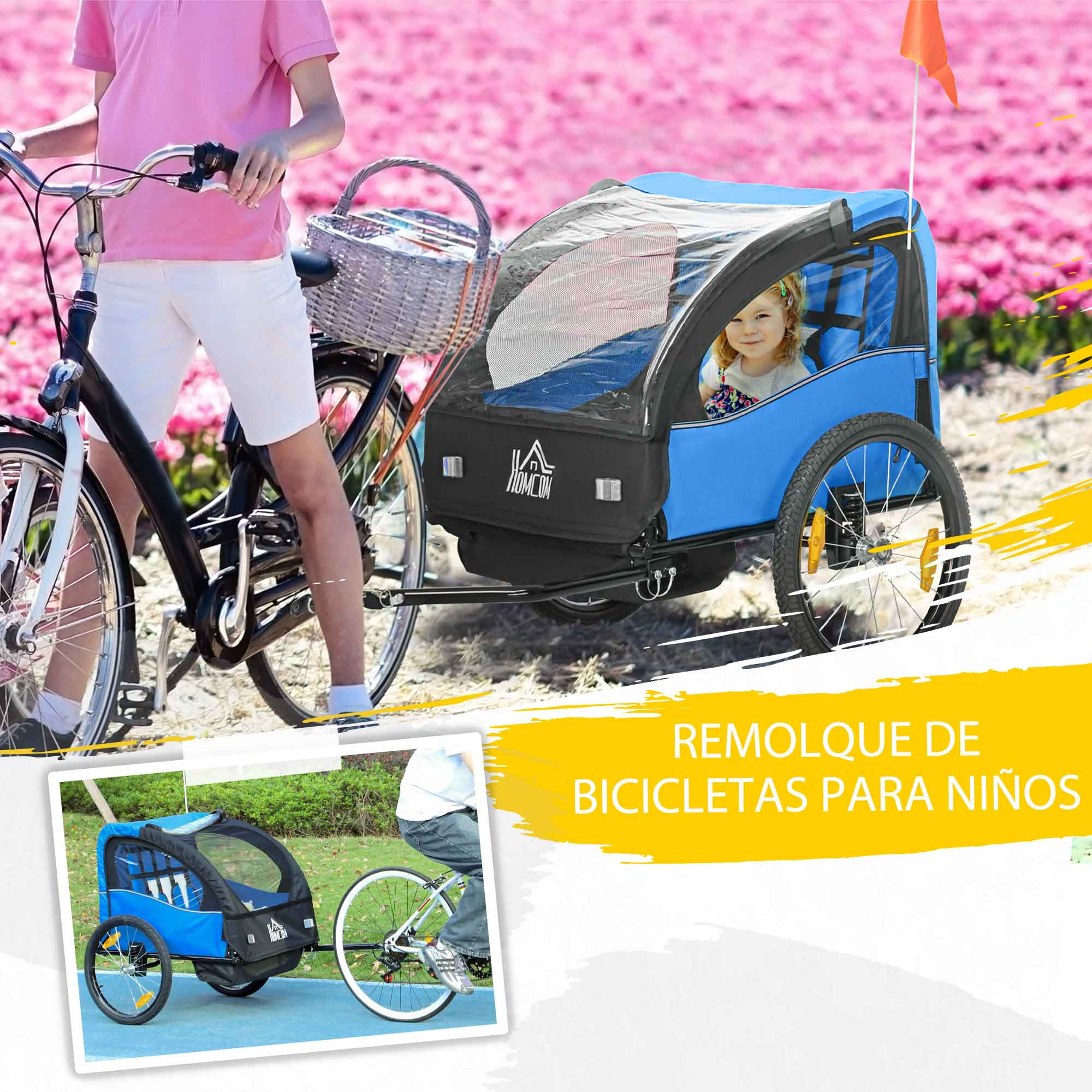 Remolque azul para bicicletas con un niño dentro, junto a una persona en bicicleta.