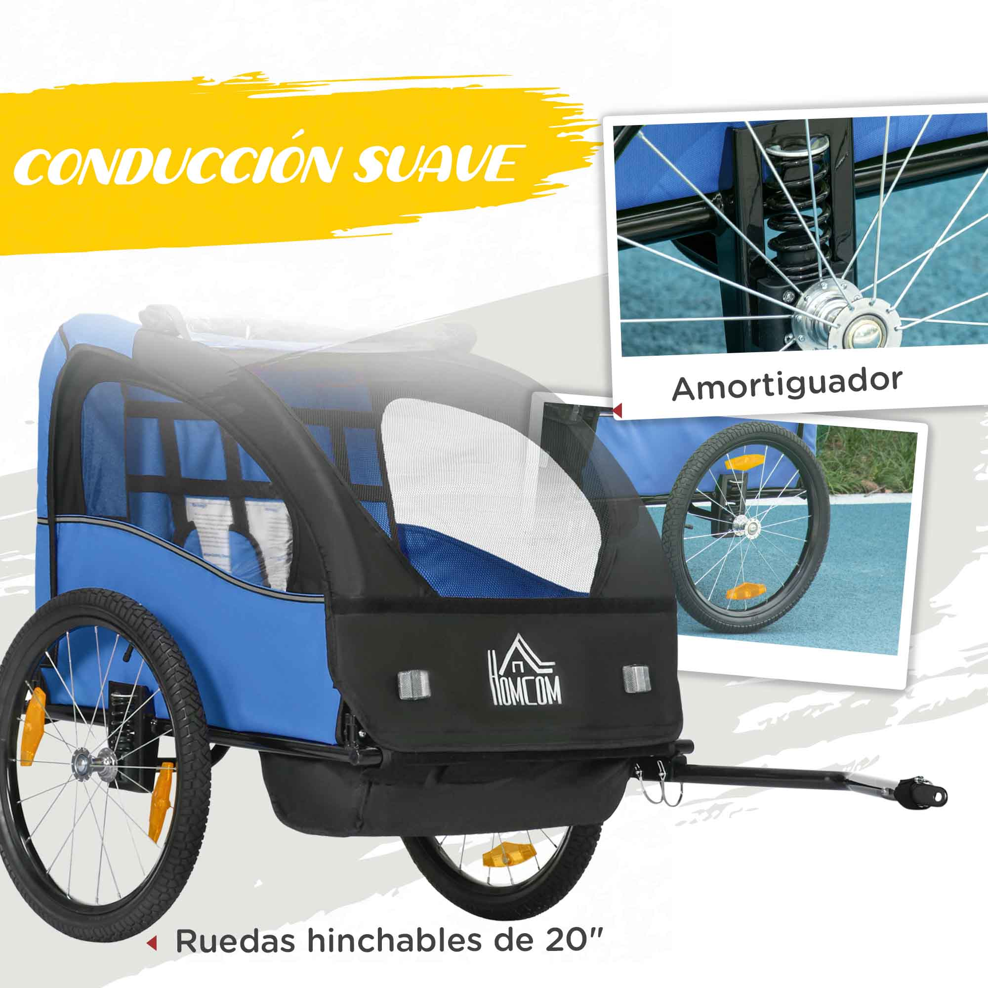 Remolque de bicicleta azul con amortiguadores y ruedas de 20 pulgadas.