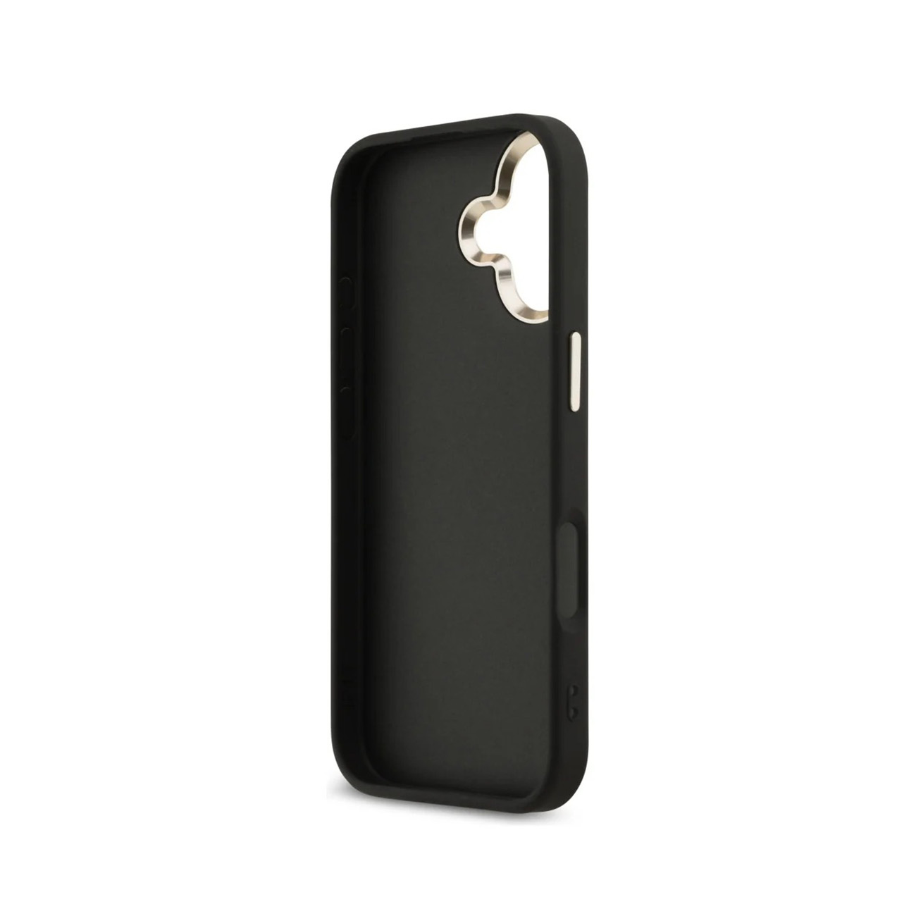 Custodia nera per telefono con ritaglio fotocamera argentato, su sfondo bianco.