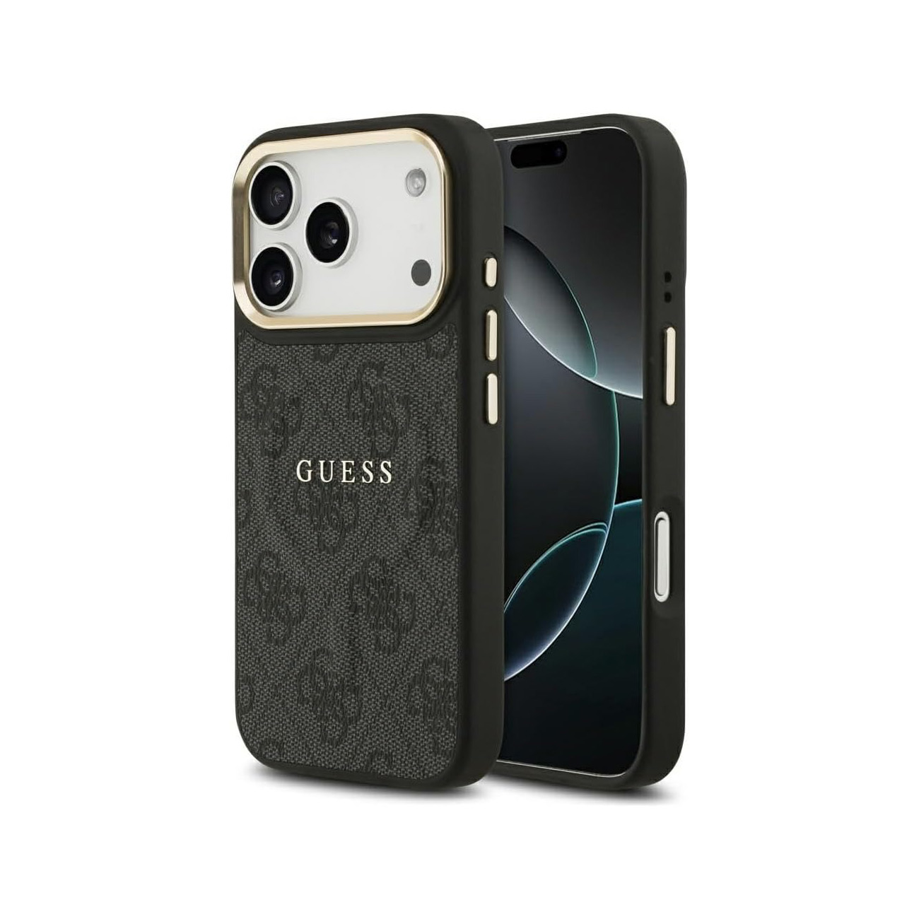 Custodia nera per telefono con logo GUESS e tre obiettivi. Sfondo bianco.