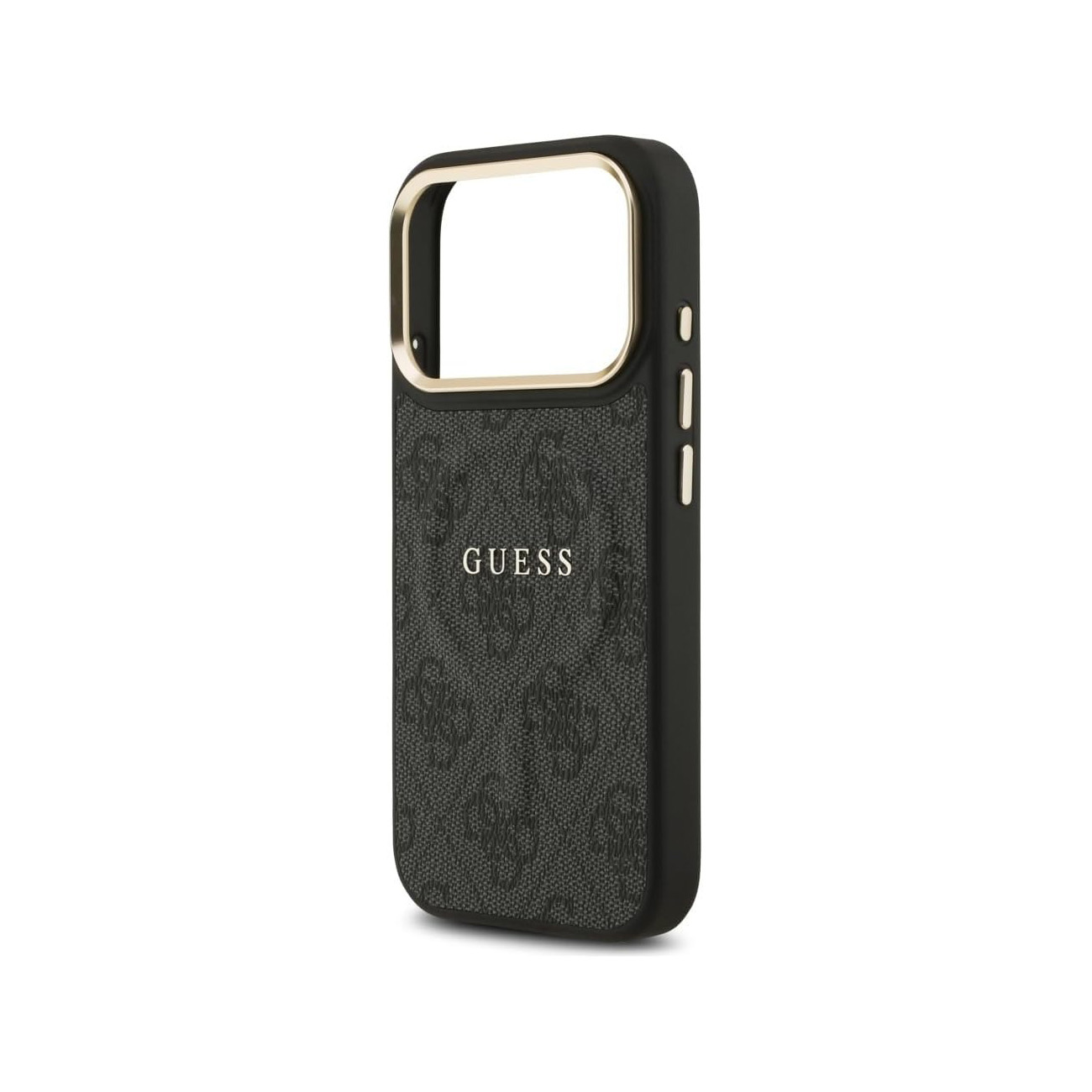 Custodia nera per telefono con logo GUESS e finiture dorate.
