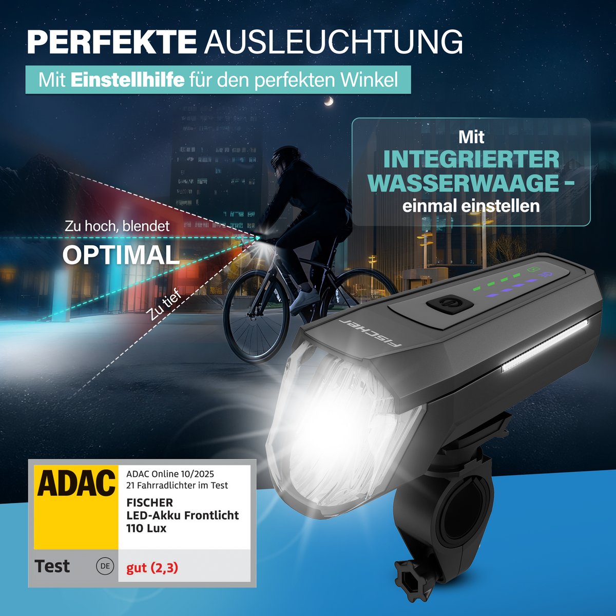 Fahrradlicht mit integrierter Wasserwaage beleuchtet die Straße bei Nacht.