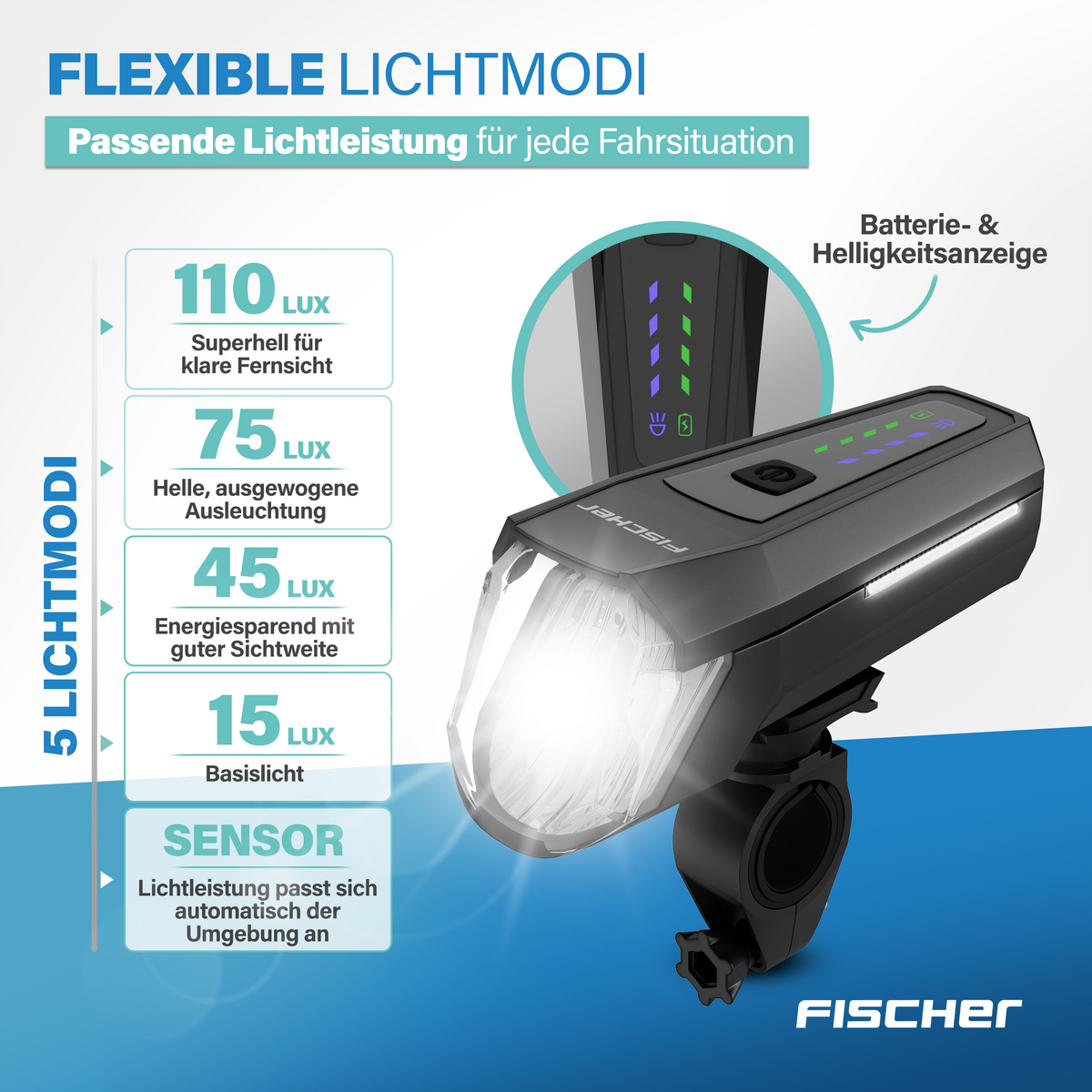 Fischer Fahrradlicht mit 5 Modi: 110, 75, 45, 15 Lux & Sensor.