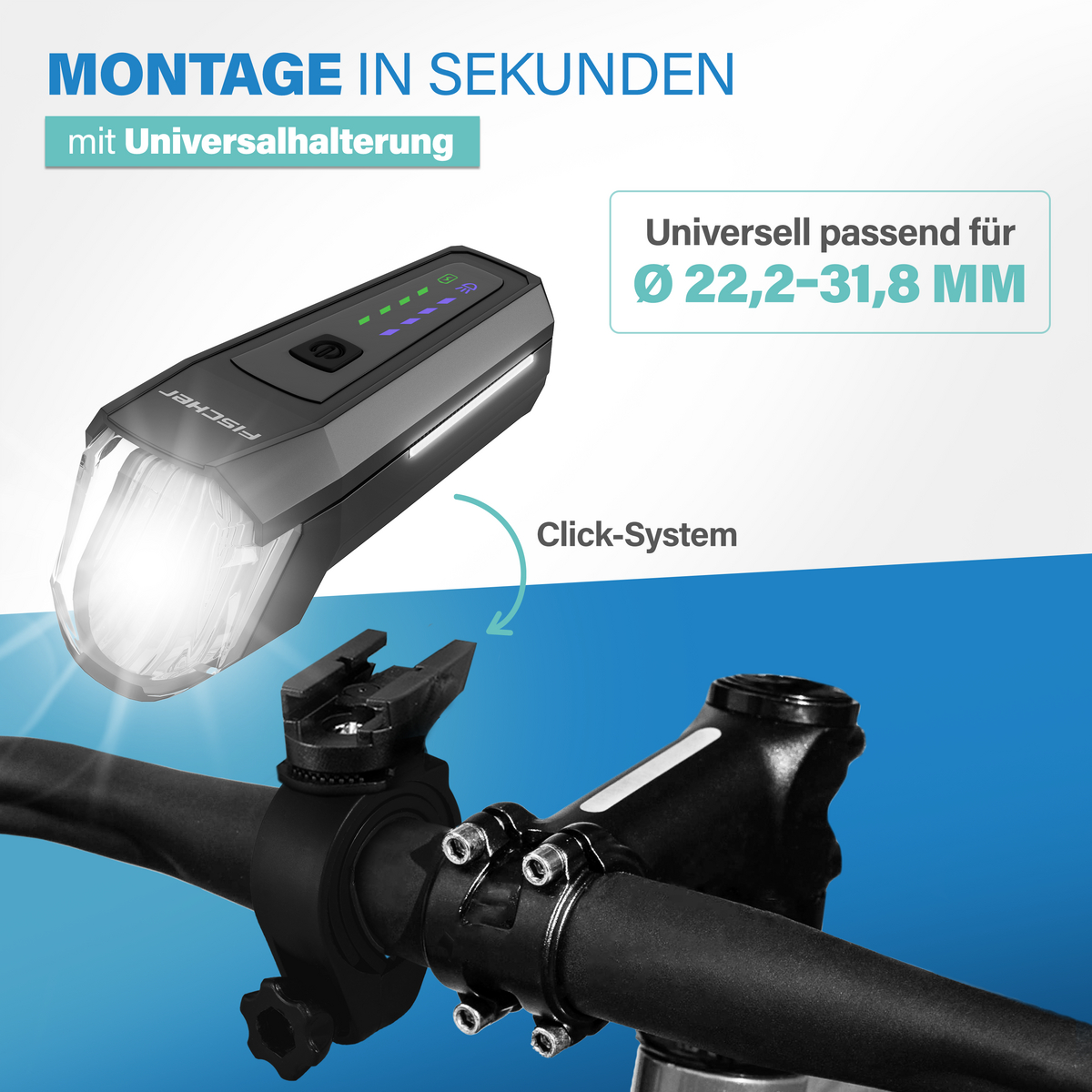 Fahrradlampe mit Halterung für Lenker, 22,2-31,8 mm Durchmesser. Montage in Sekunden.