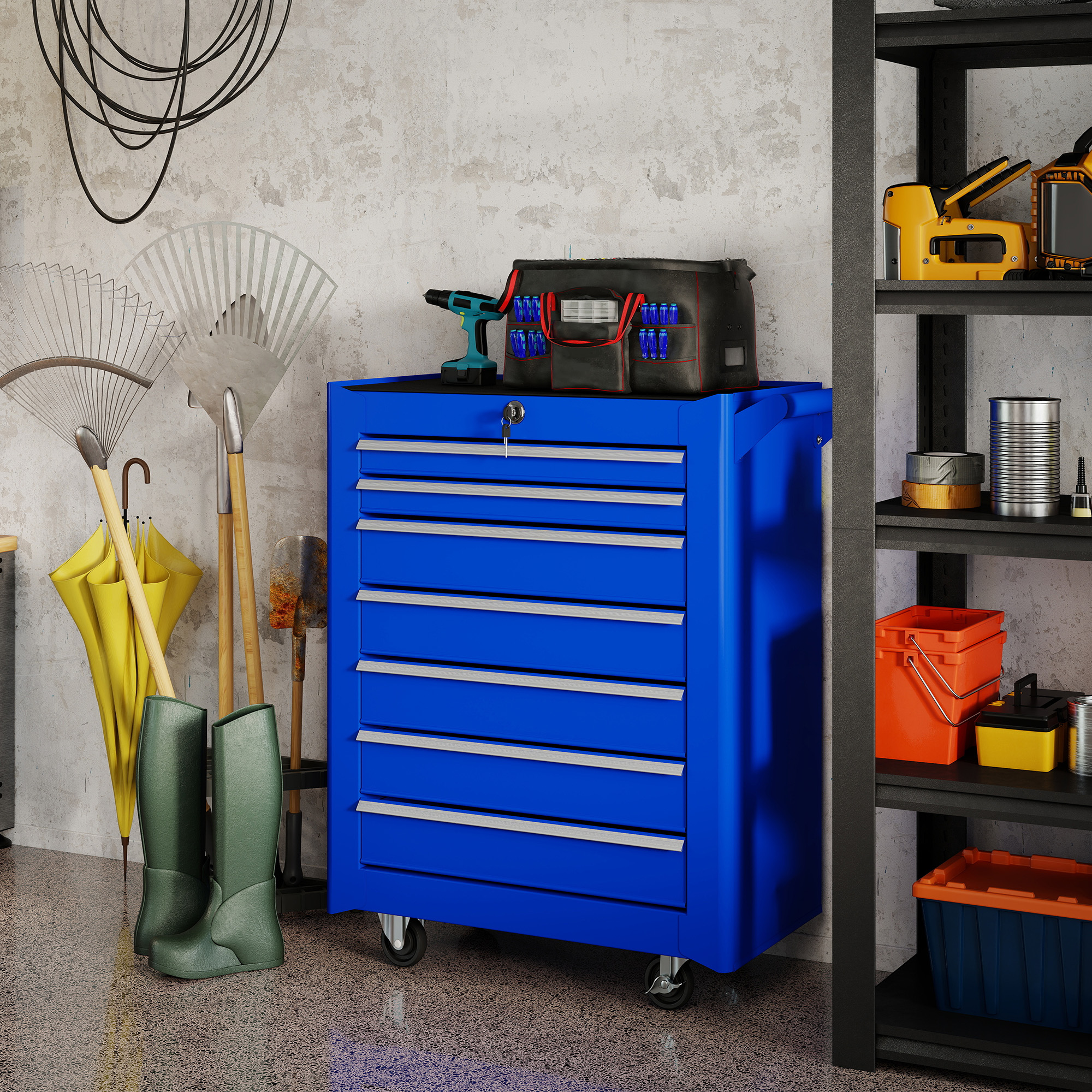Cajonera azul con bolsa de herramientas, taladro, paraguas, botas y herramientas.