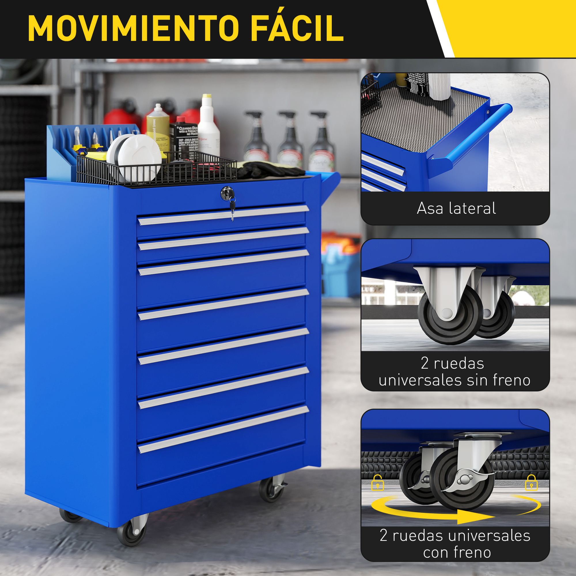 Un carrito de herramientas azul con cajones, y vistas de cerca de su asa y ruedas.