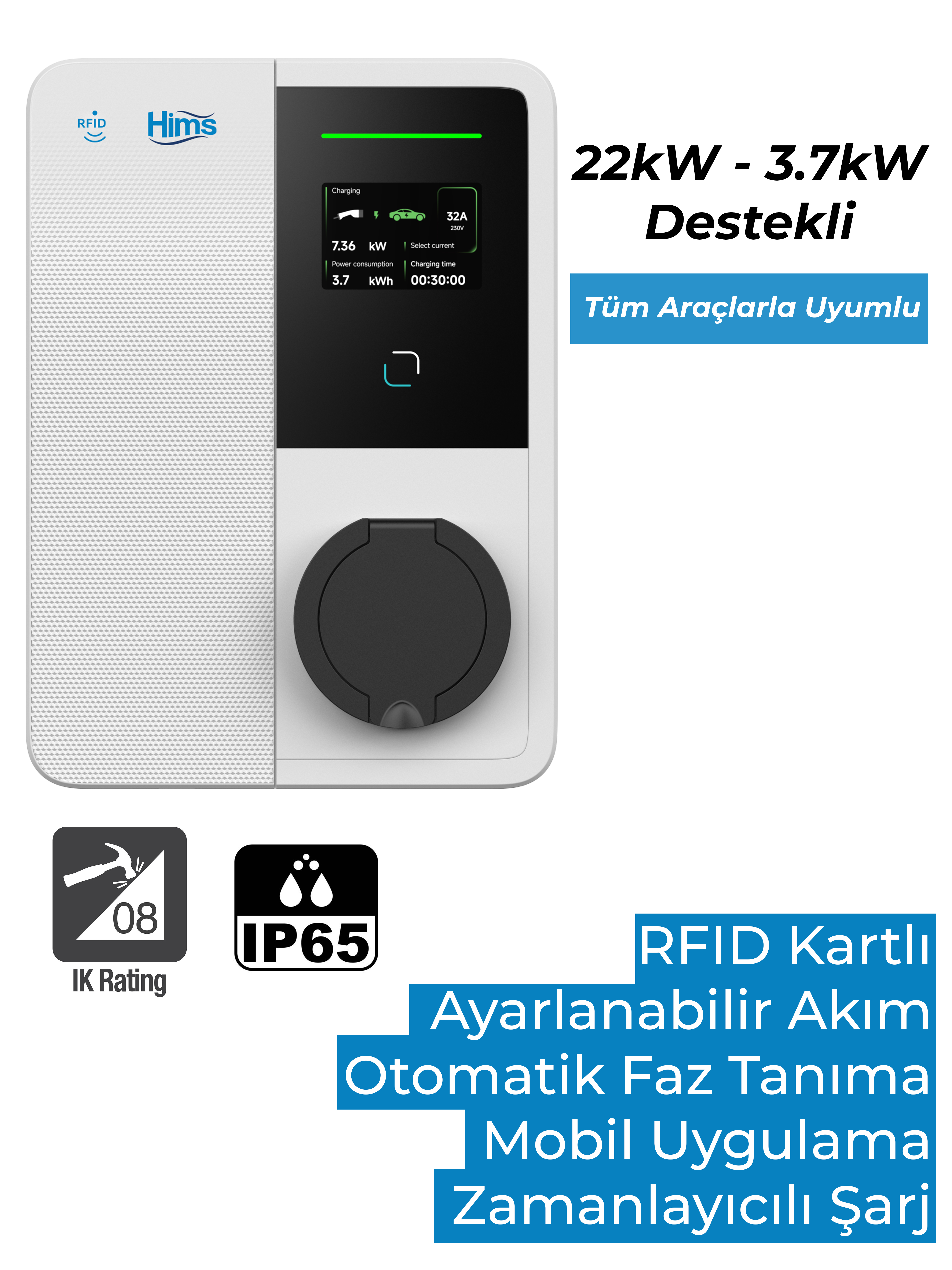 RFID'li beyaz şarj cihazı, LCD ekran, şarj portu ve koruma ikonları.