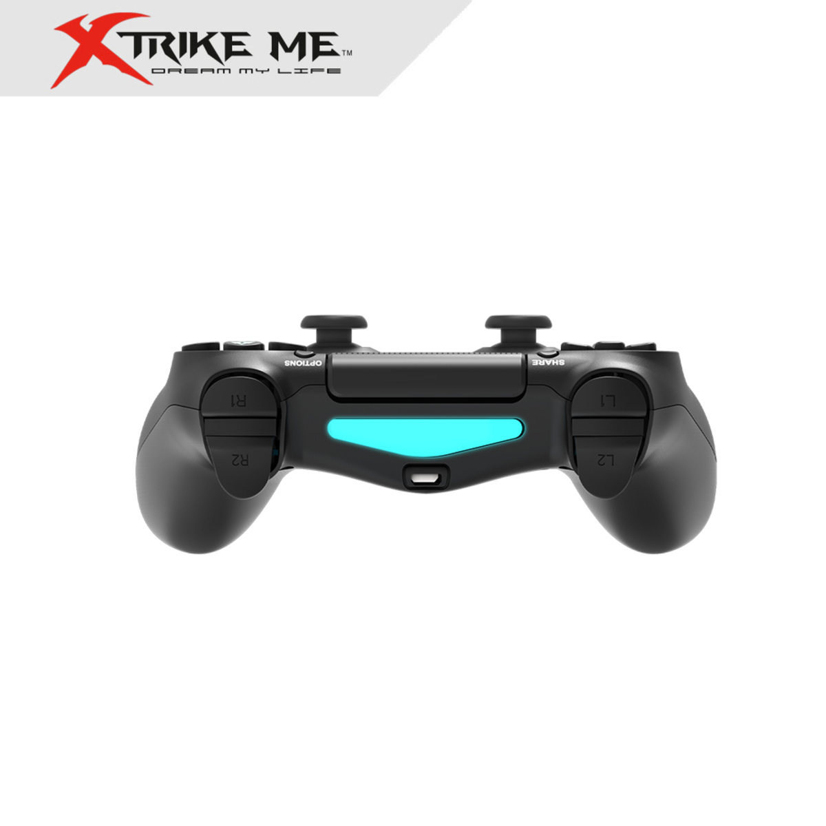Mando de juegos negro con barra de luz azul y botones.