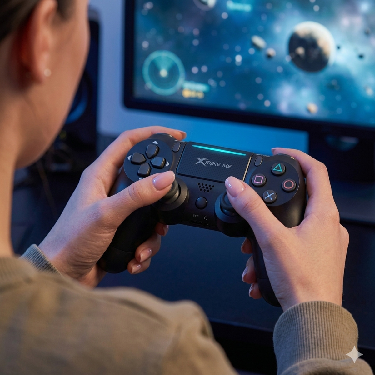 Persona sostiene un mando negro frente a la pantalla de un videojuego.