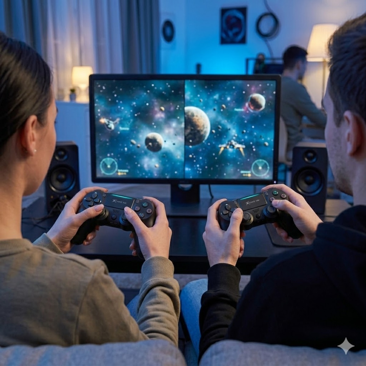 Dos personas juegan un videojuego temático del espacio a pantalla dividida, con mandos.