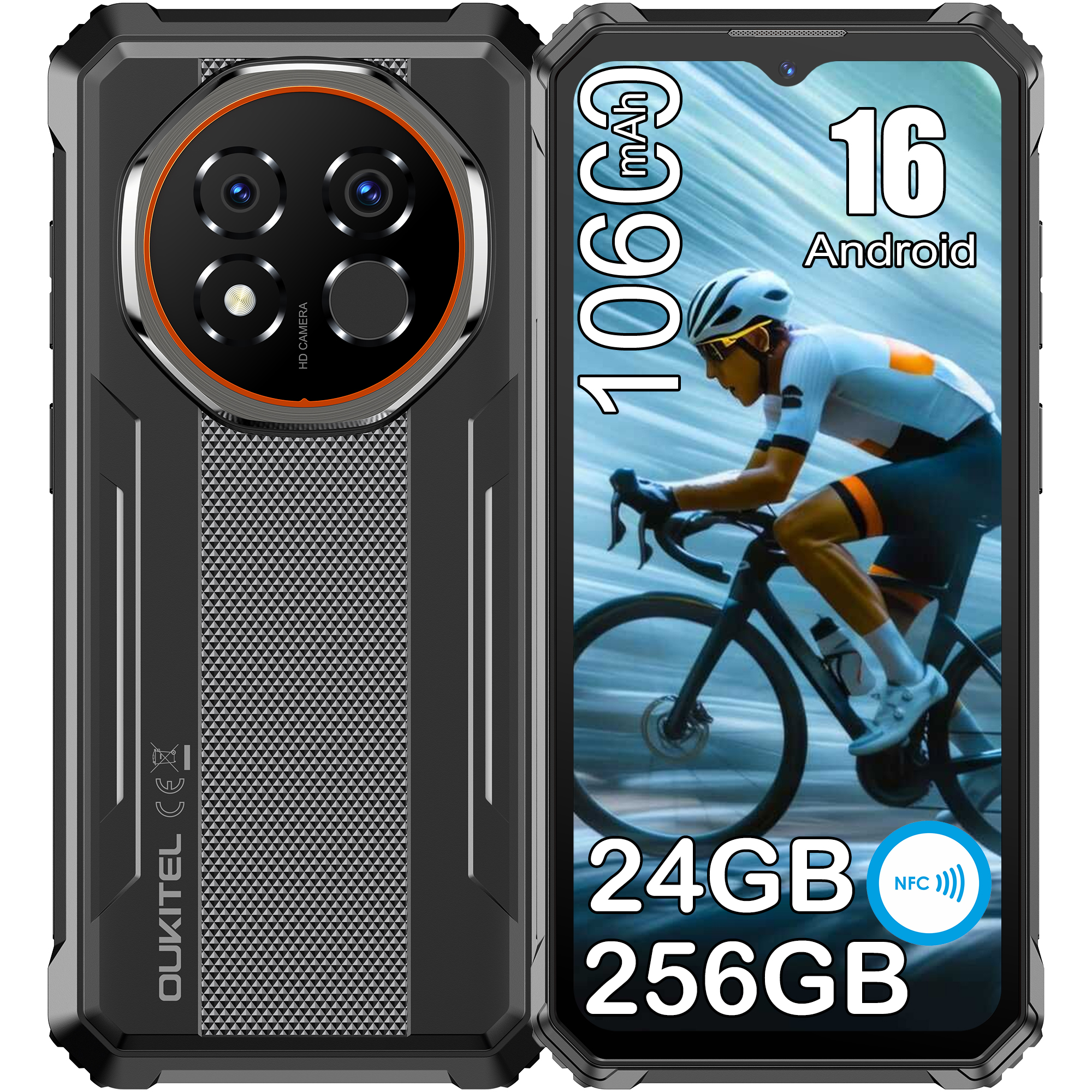 Robustes Smartphone mit vier Kameras, 10600mAh Akku, 16GB Android, 24GB/256GB Speicher.