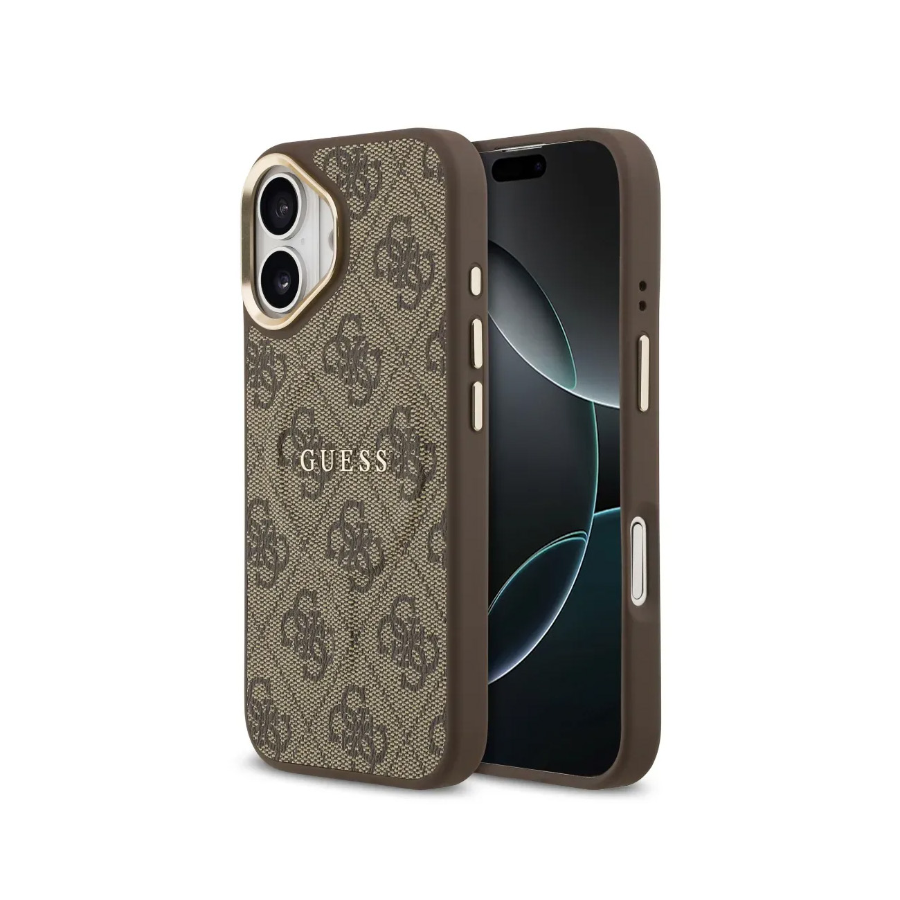 Custodia marrone Guess con motivo monogramma e cornice fotocamera oro.