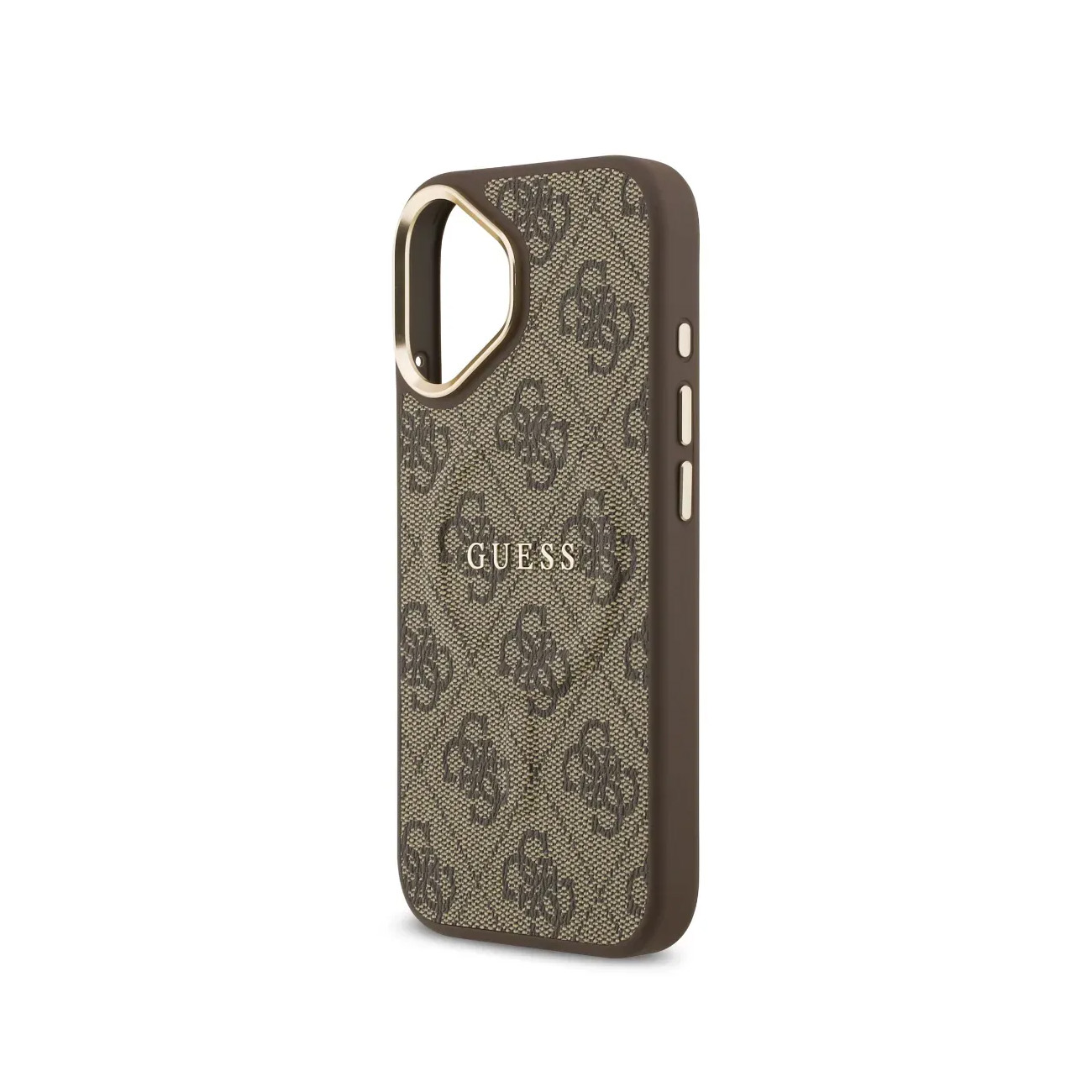 Custodia per telefono marrone con logo GUESS e motivo monogramma.
