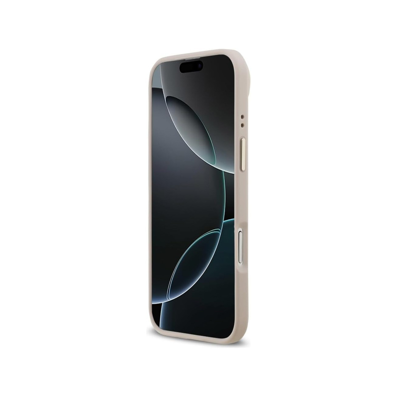 Una custodia per telefono beige chiaro copre uno smartphone con schermo scuro.