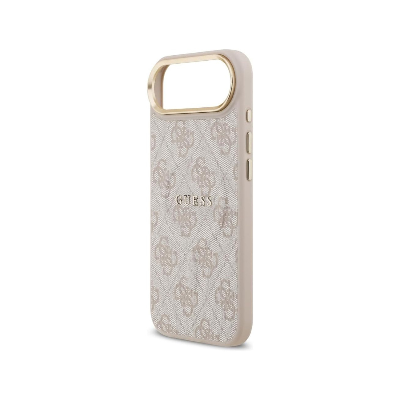 Una custodia Guess beige con motivo logo ripetuto e finiture dorate.