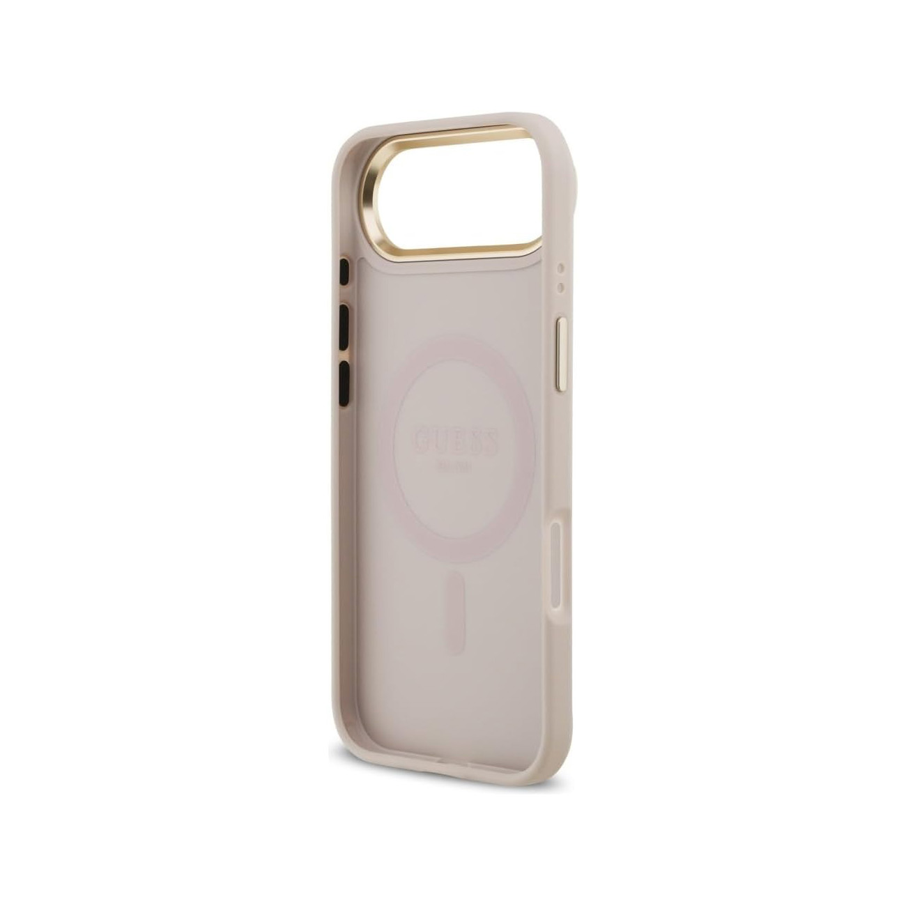 Mostrata una cover beige per iPhone con bordo dorato e logo GUESS.