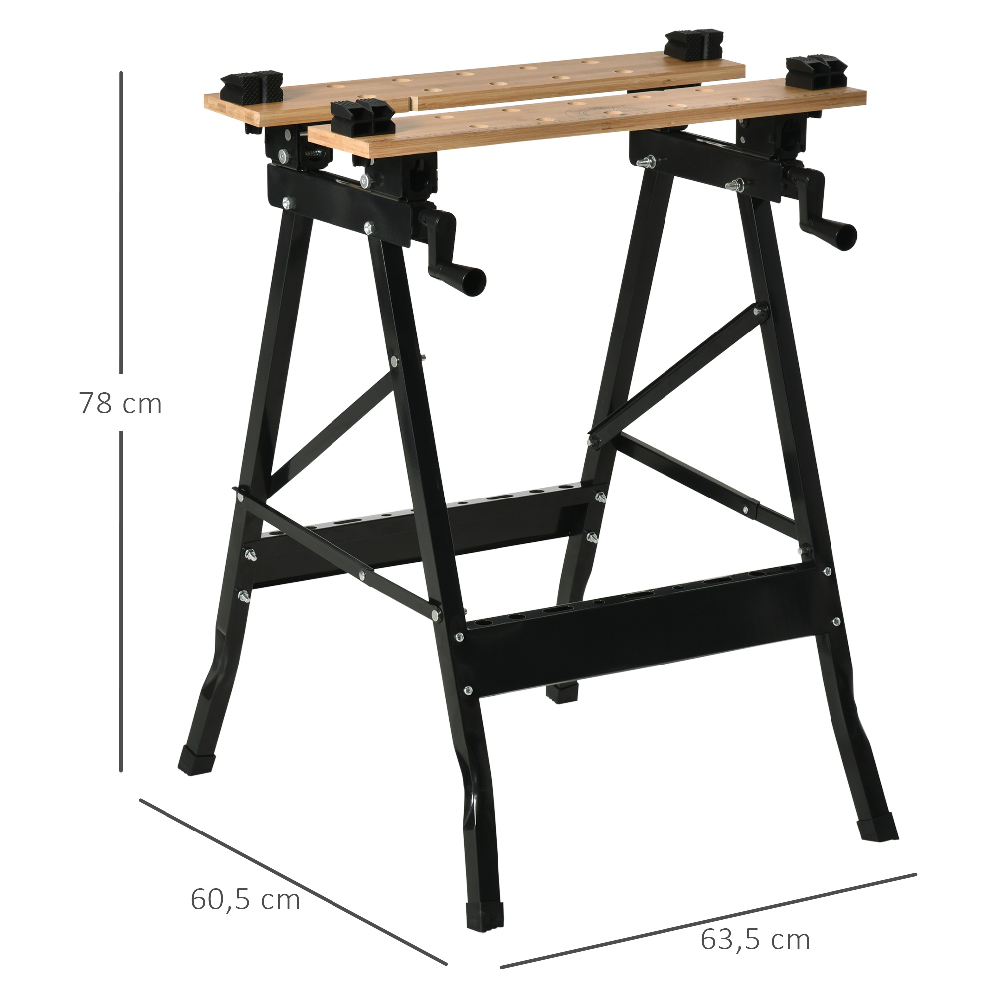 Banco de trabajo plegable negro con tablero de madera y manivelas, 78cm alto.
