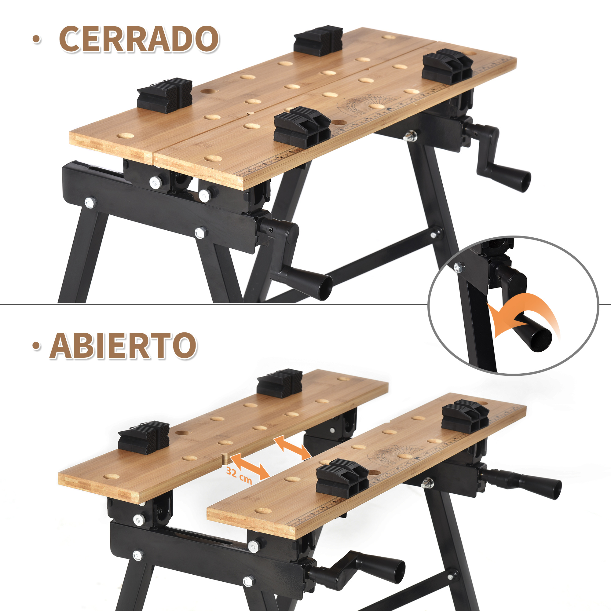 Banco de trabajo plegable en estado cerrado y abierto con manivela y abrazaderas.