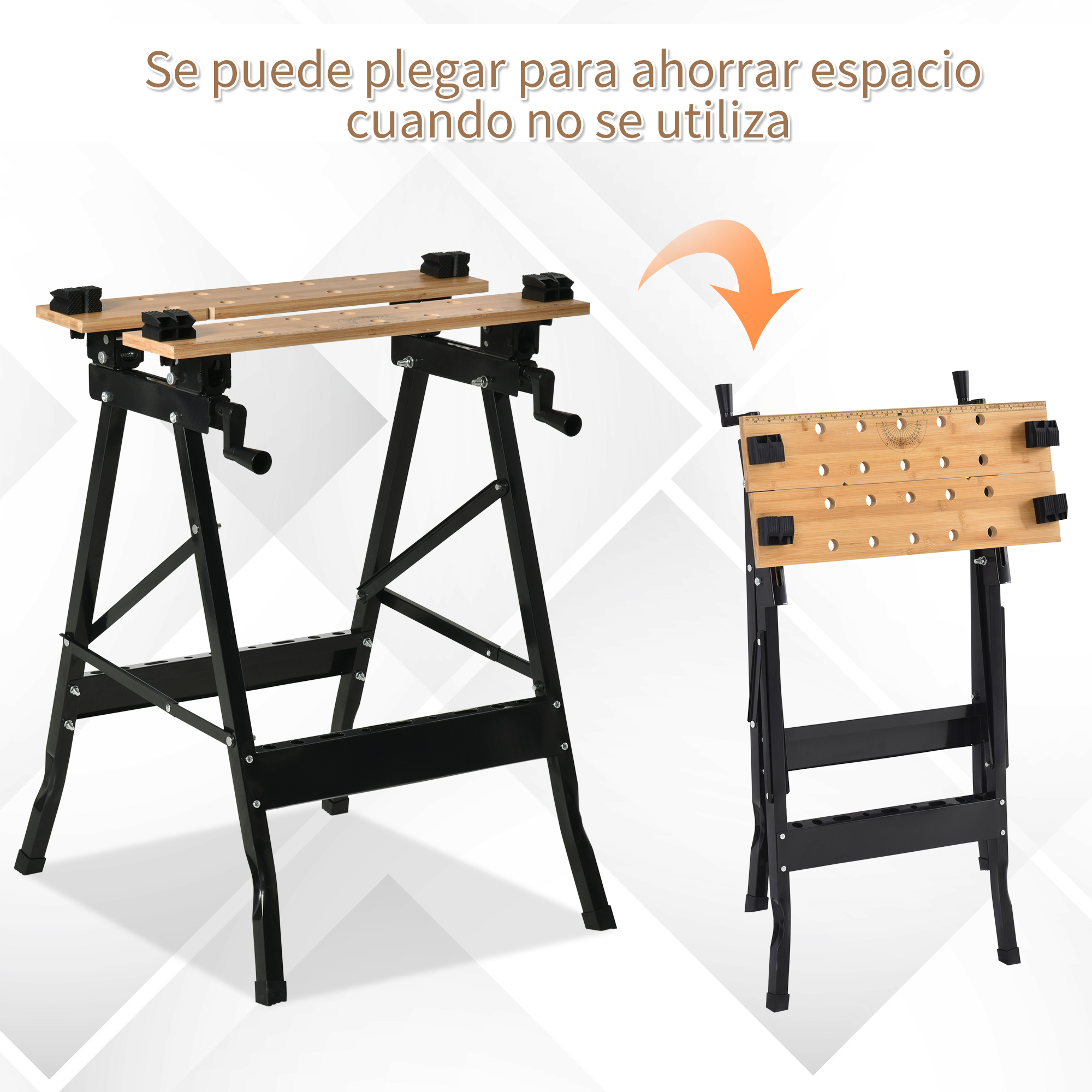 Banco de trabajo plegable con dos tableros de madera y marco metálico negro.