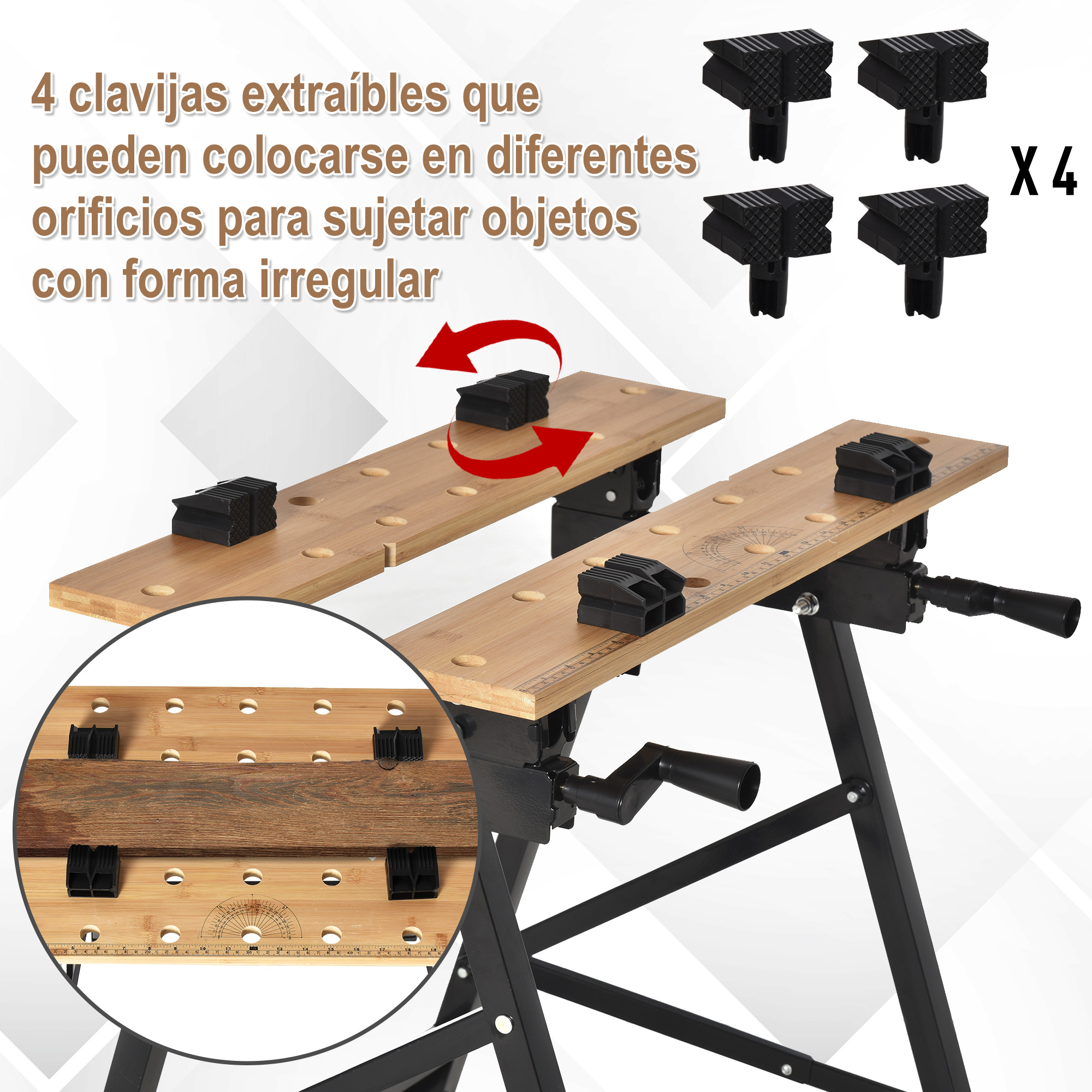 Cuatro clavijas extraíbles para objetos irregulares en un banco de trabajo.
