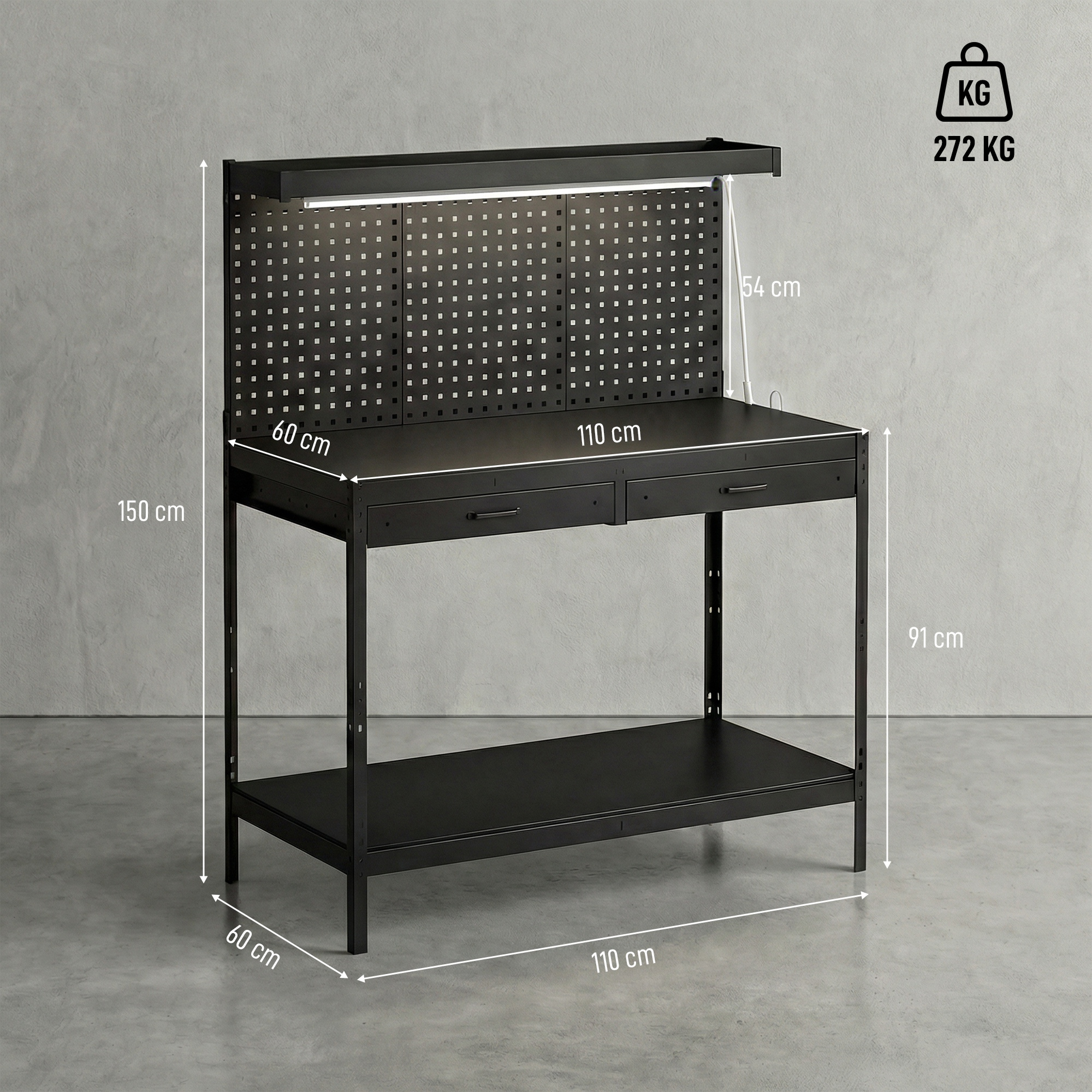 Banco de trabajo negro con panel perforado, cajones y estante. Capacidad 272 kg.