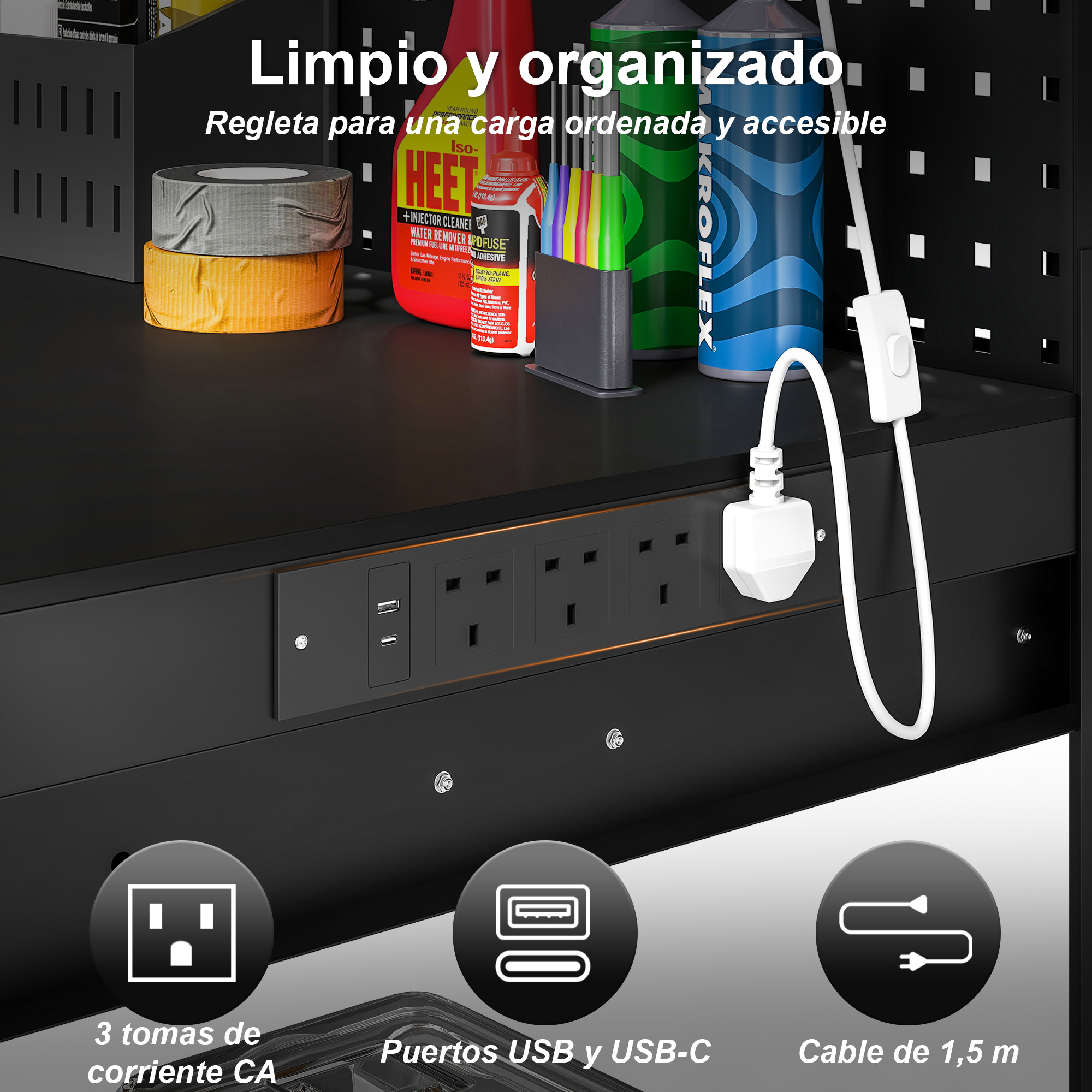 Una regleta con 3 enchufes de CA, puertos USB y USB-C, y un cable de 1,5 m.