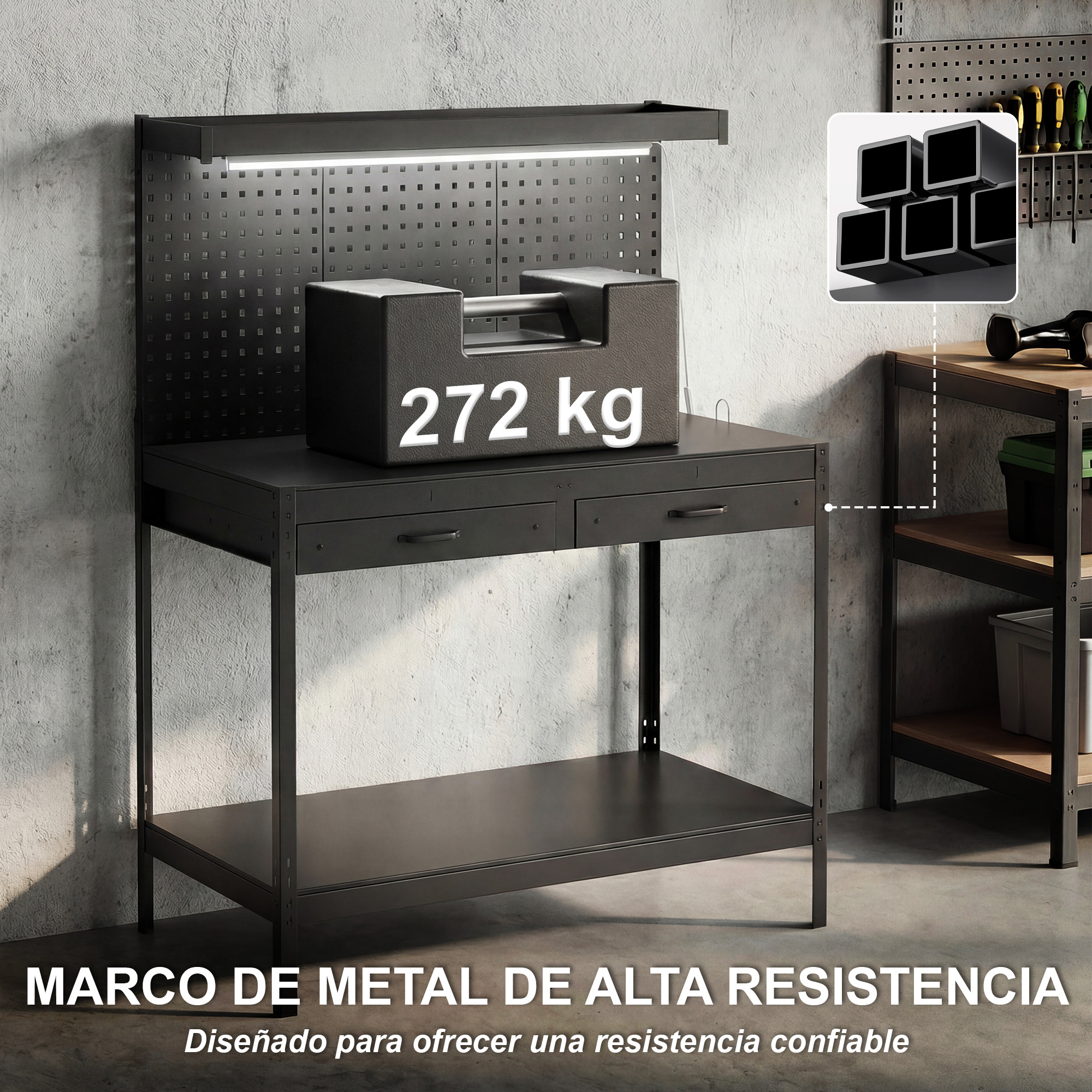 Banco de trabajo negro con panel perforado, peso y cajones. Marco de metal.