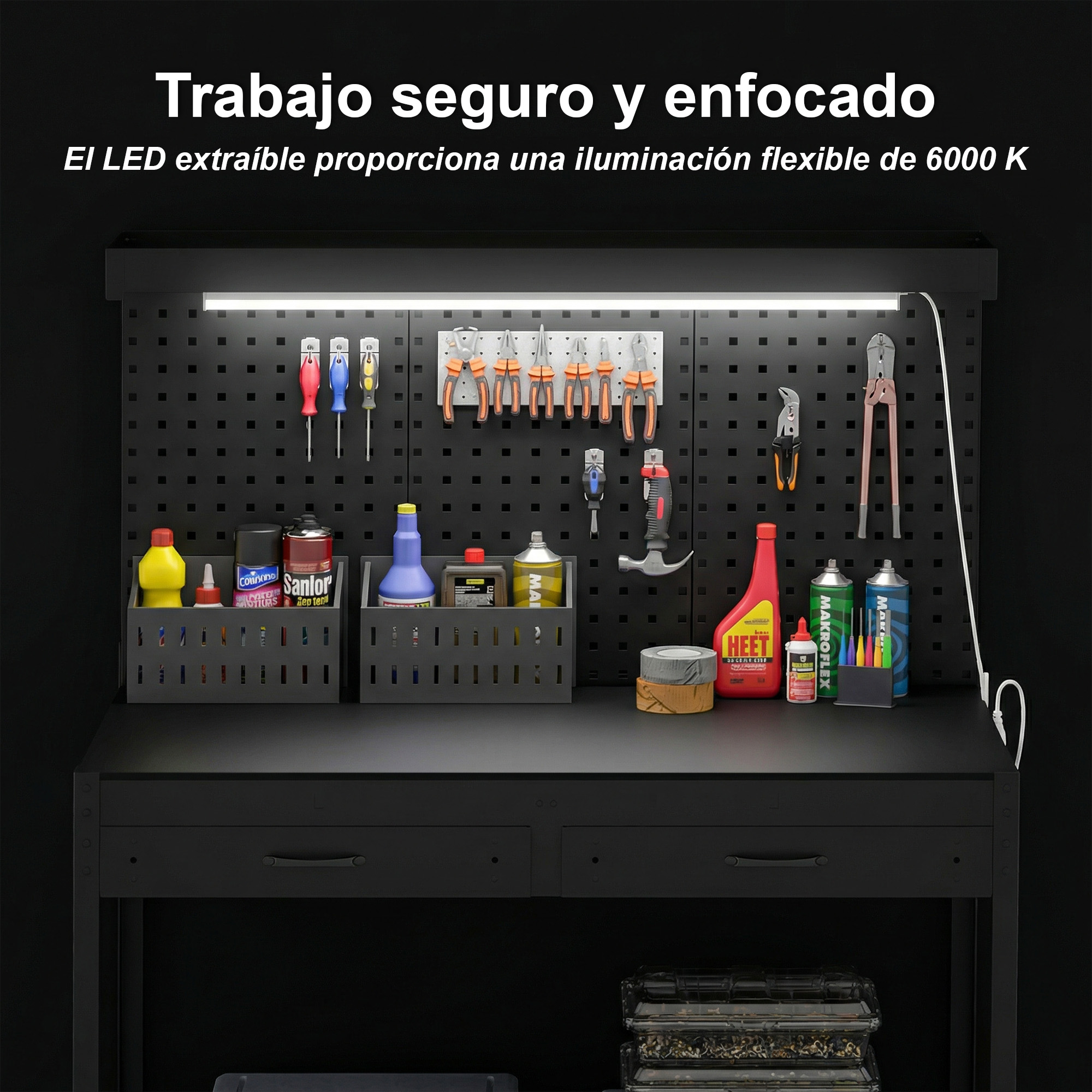 Banco de trabajo con herramientas y contenedores, iluminado por una barra LED.