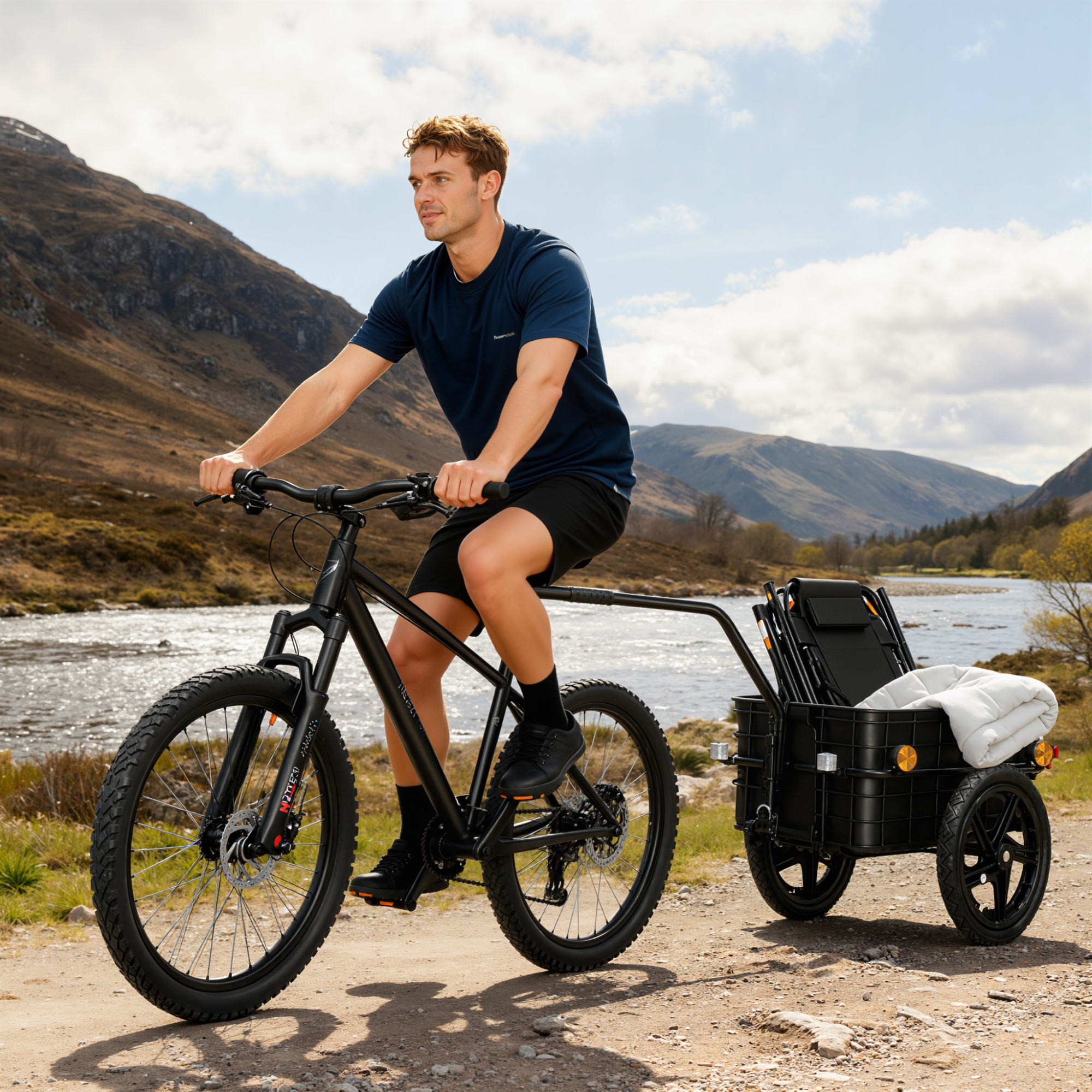 Hombre monta bicicleta con remolque junto a un río, montañas al fondo.