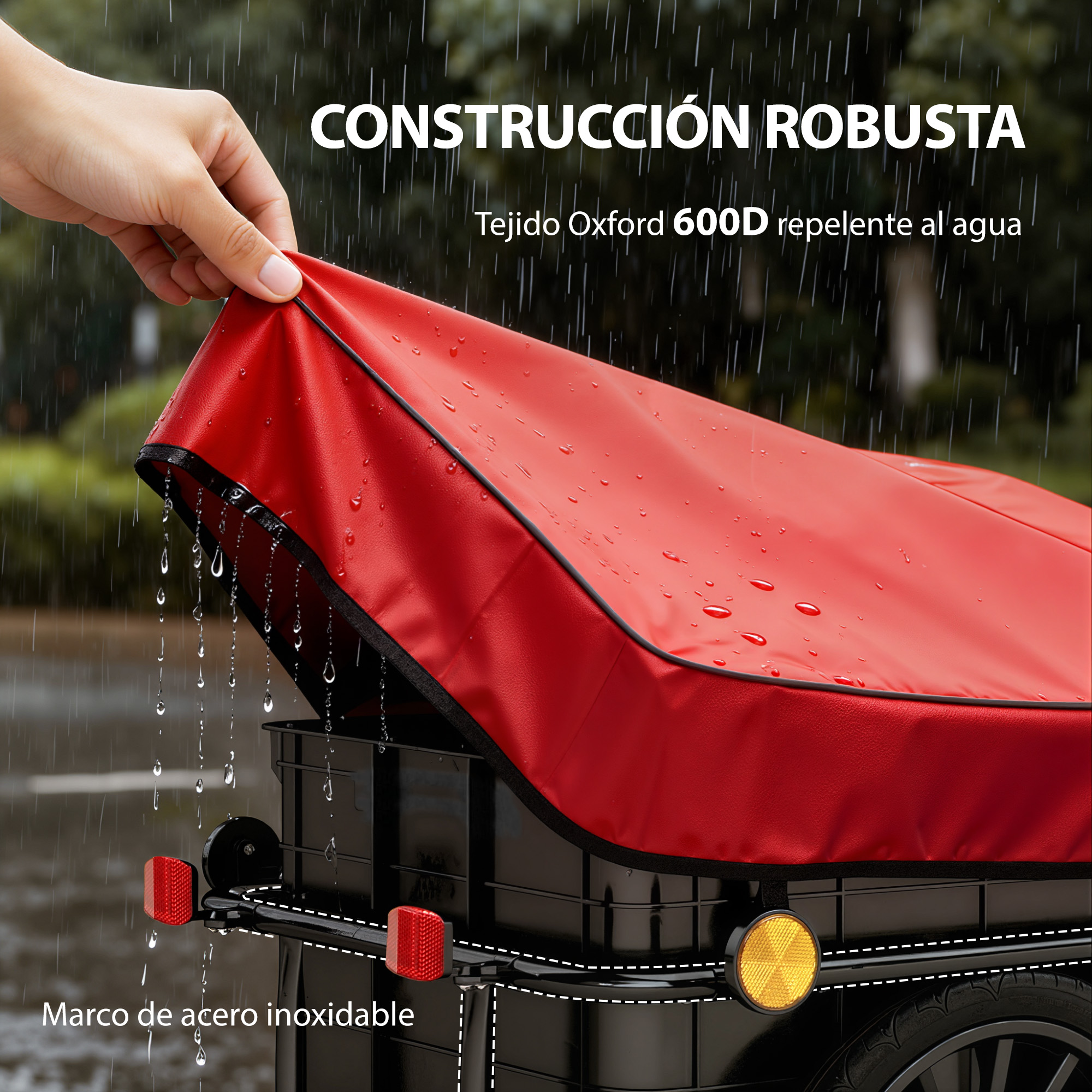 Funda roja impermeable sobre cesta negra bajo la lluvia. Marco de acero.