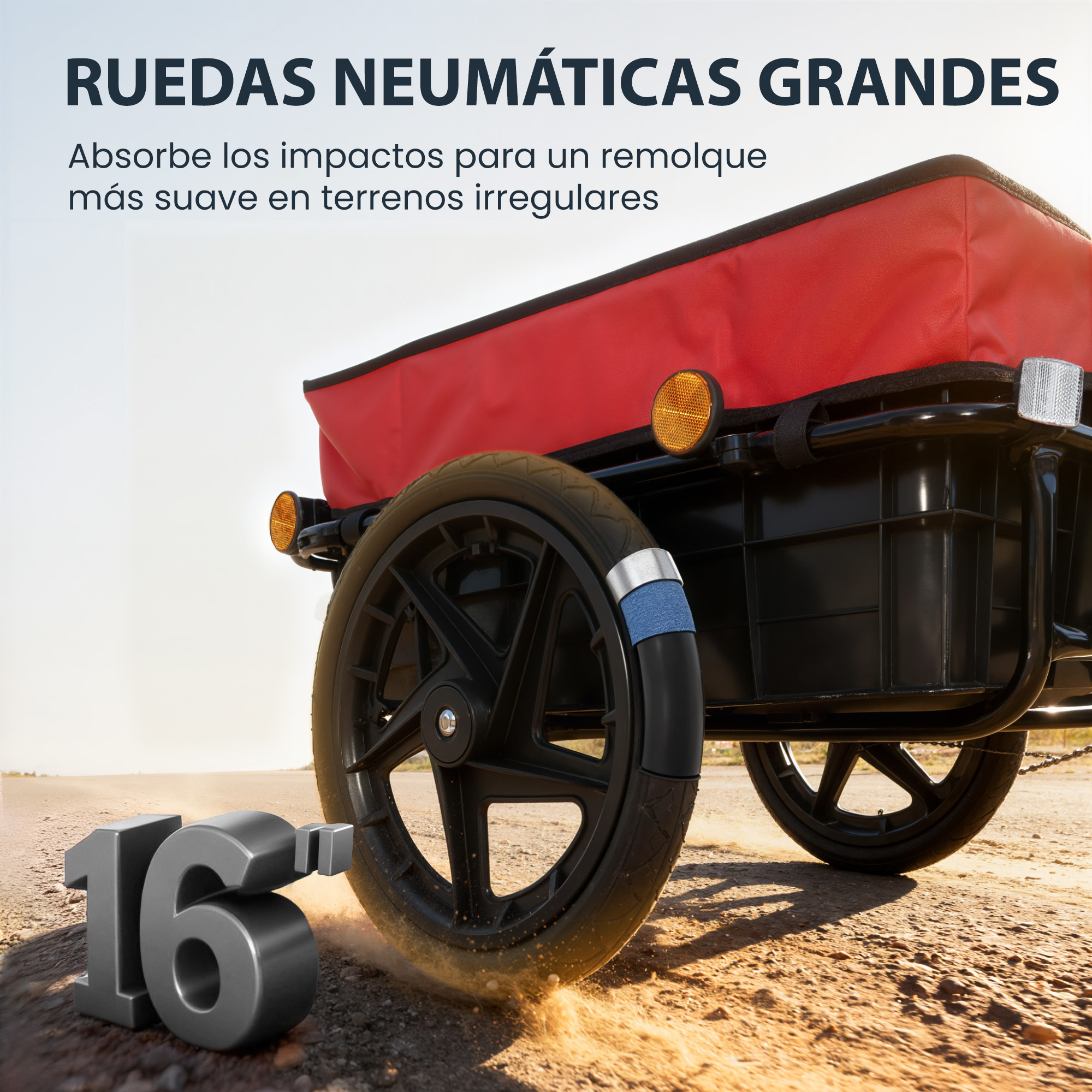 Un remolque rojo con neumáticos grandes en un camino de tierra. Se ve el número 16.