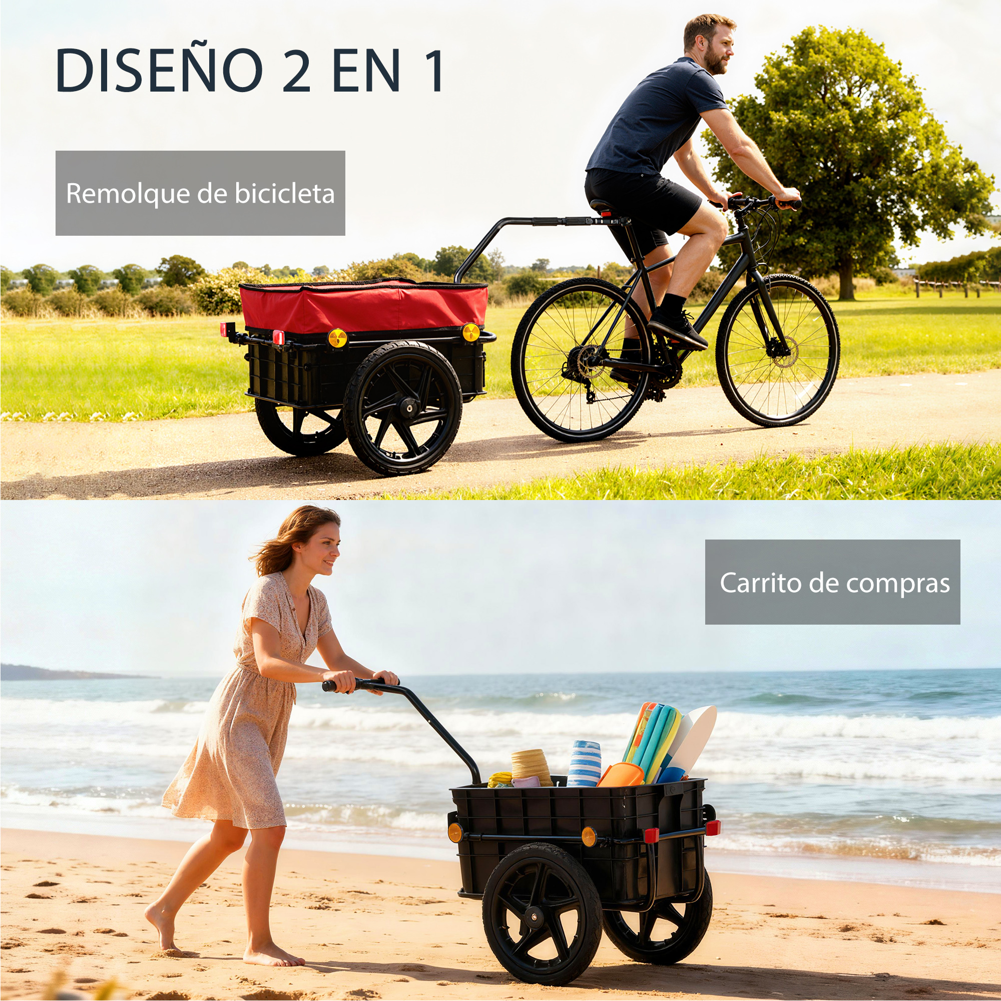 Hombre en bici con remolque, mujer empuja carrito en playa. Diseño 2 en 1.