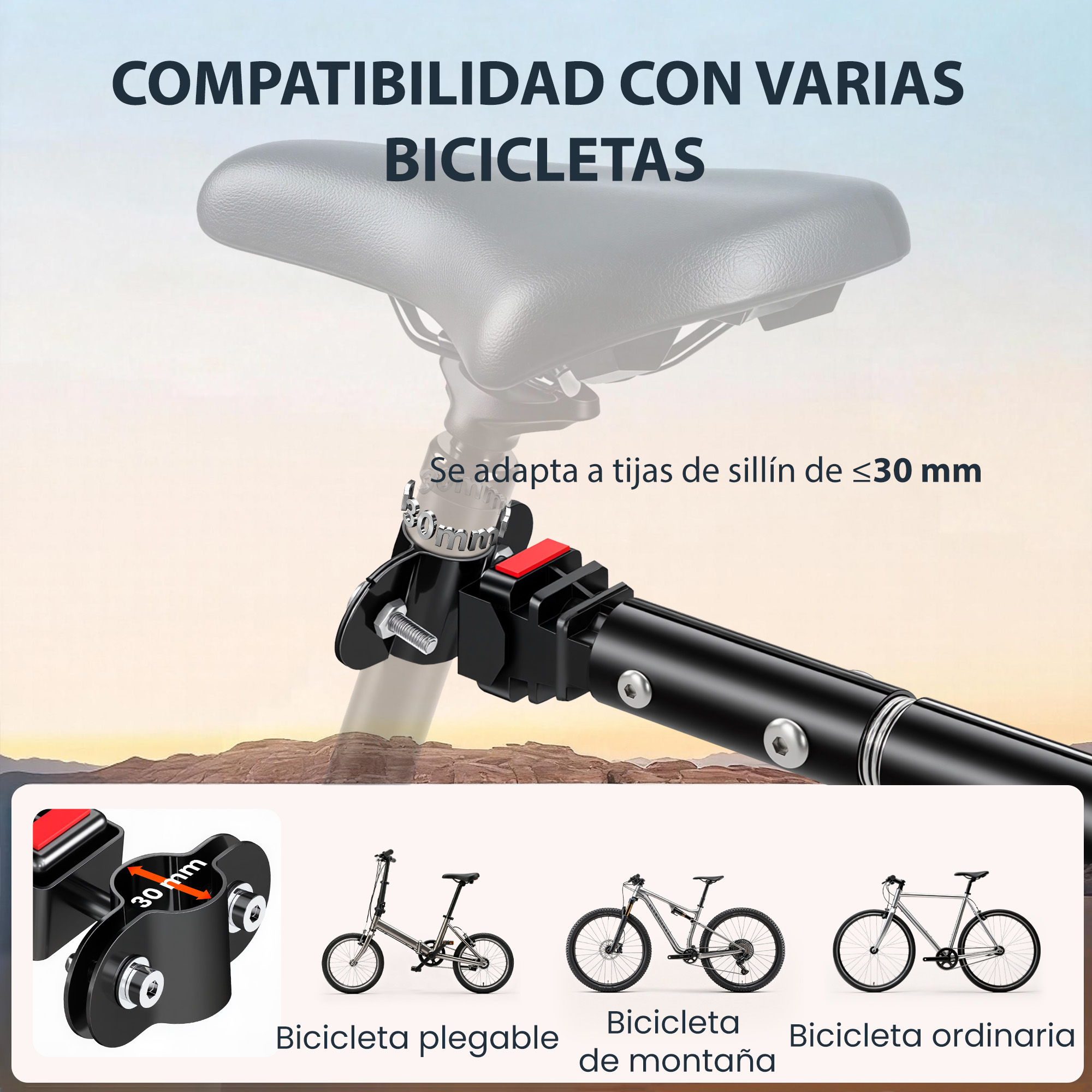 Soporte de tija de sillín de bicicleta, compatible con varias bicis.