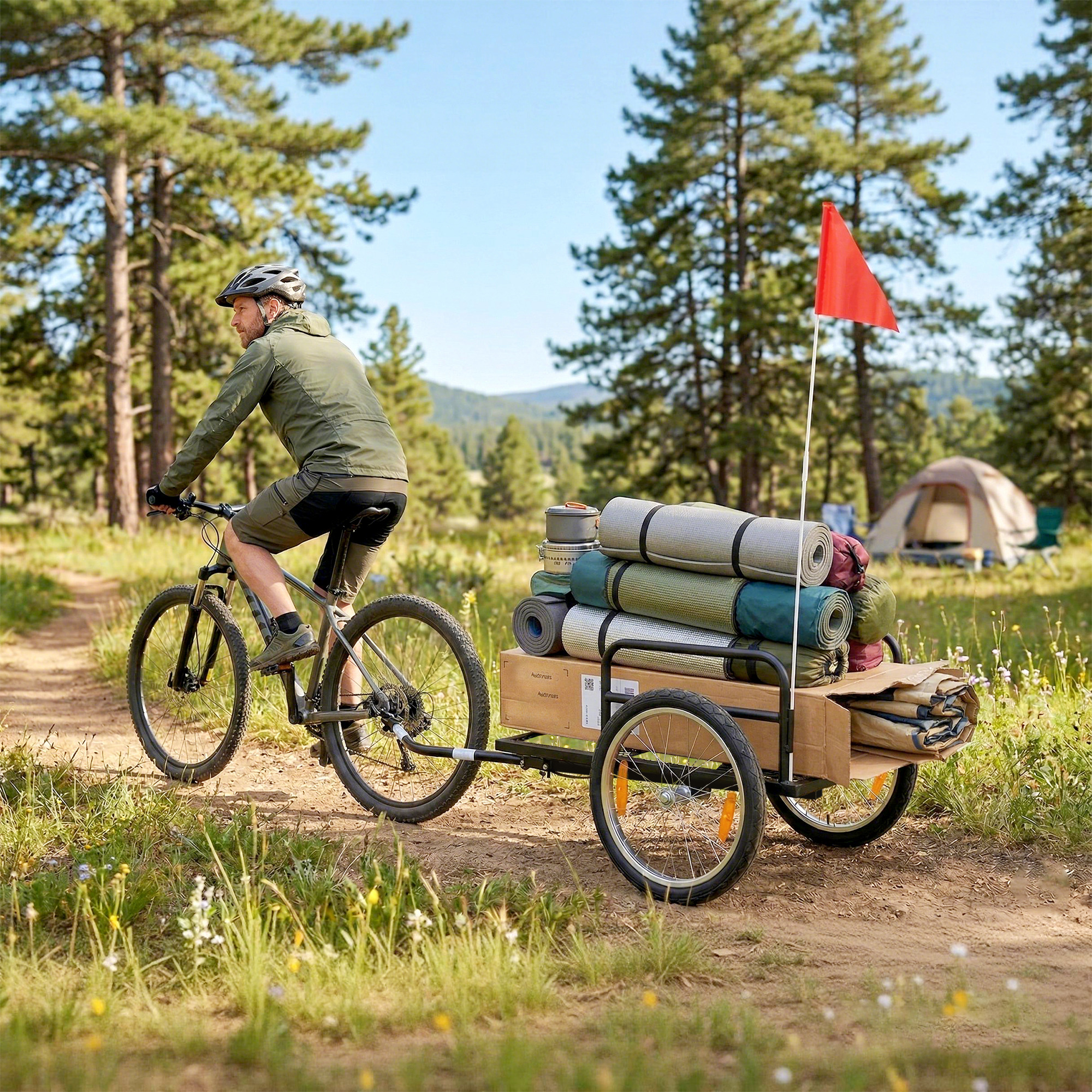 Hombre anda en bicicleta con remolque lleno de equipo de camping en bosque.