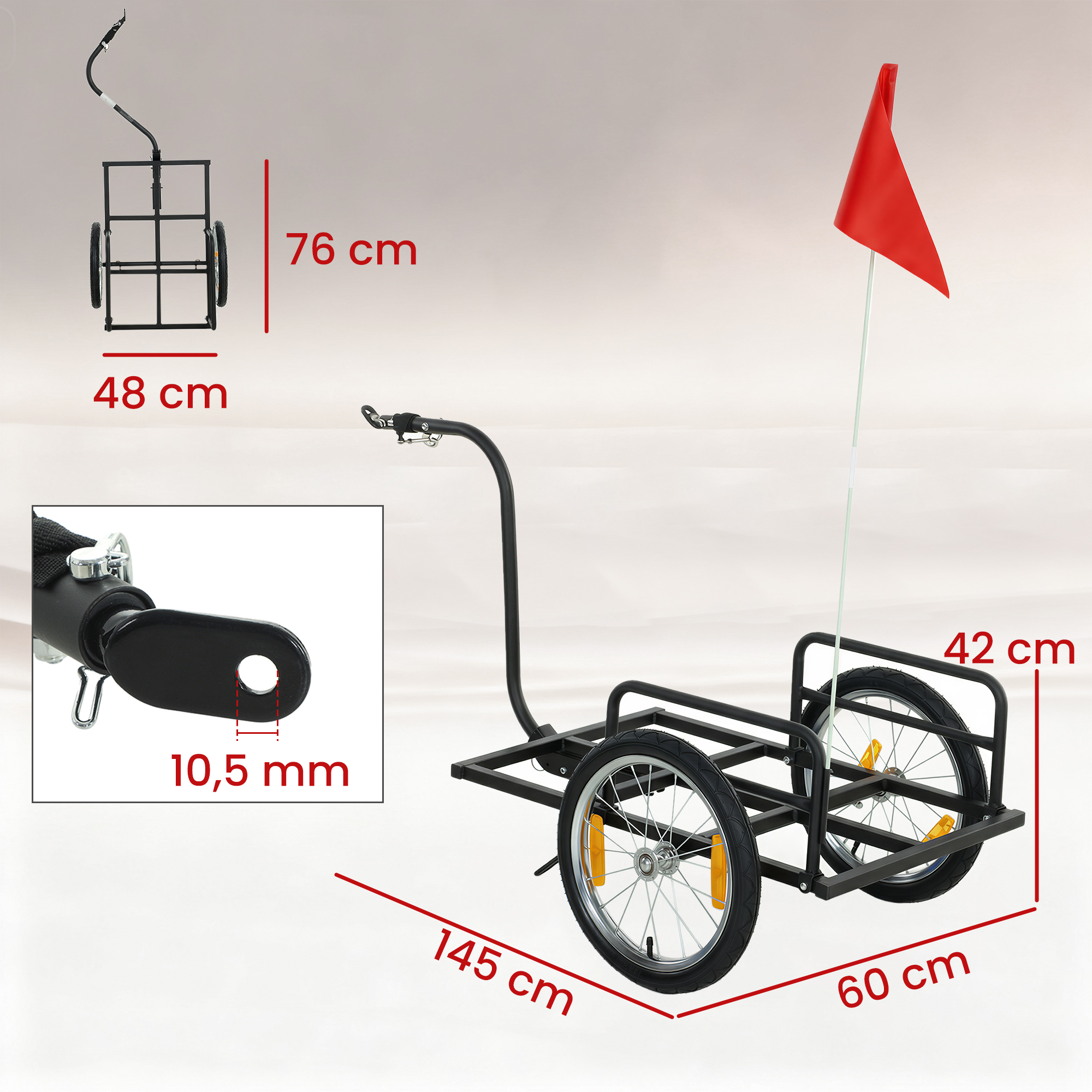 Remolque de bicicleta negro con dos ruedas, bandera roja y dimensiones.