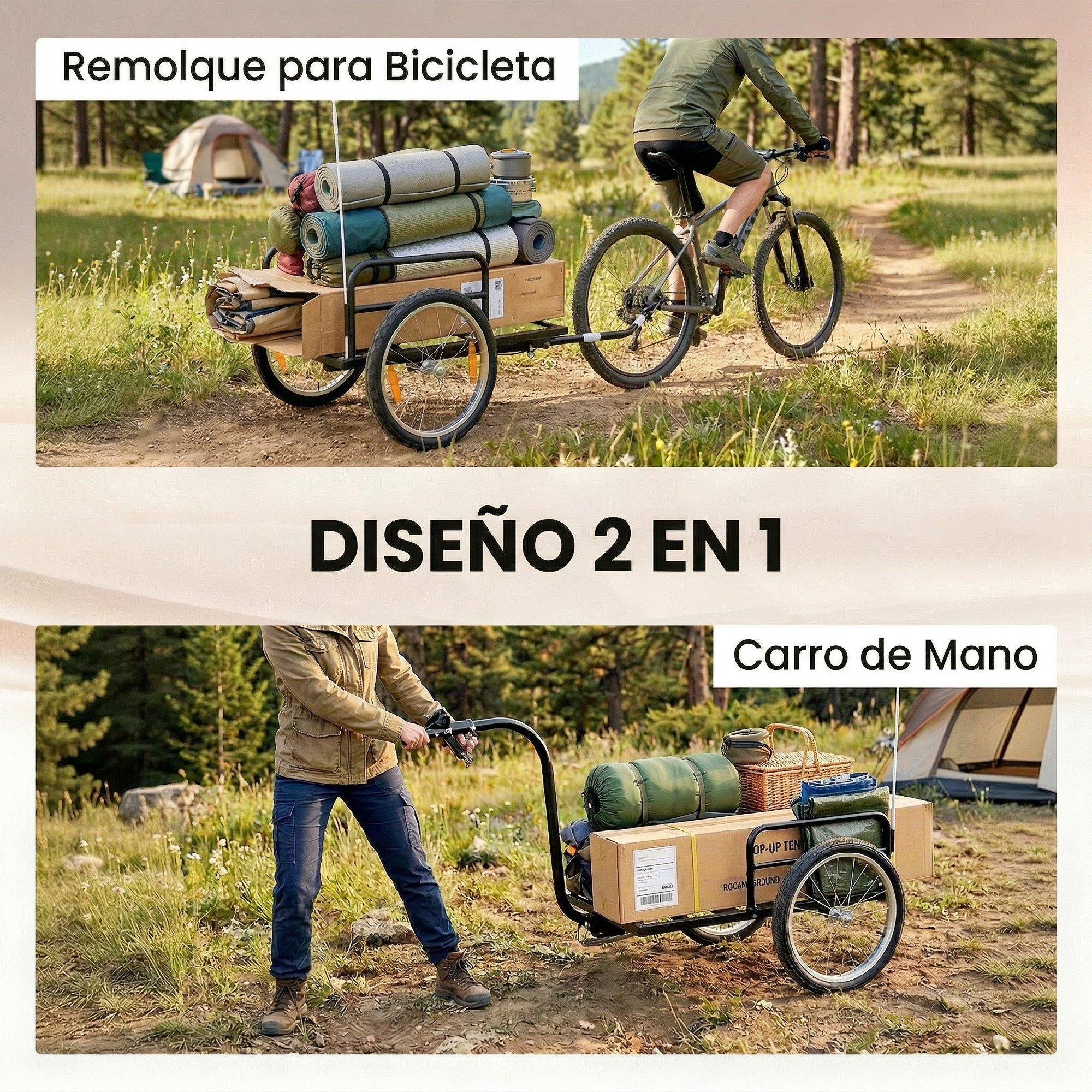 Remolque de bicicleta con colchonetas y cajas, y una persona tirando de un carro.