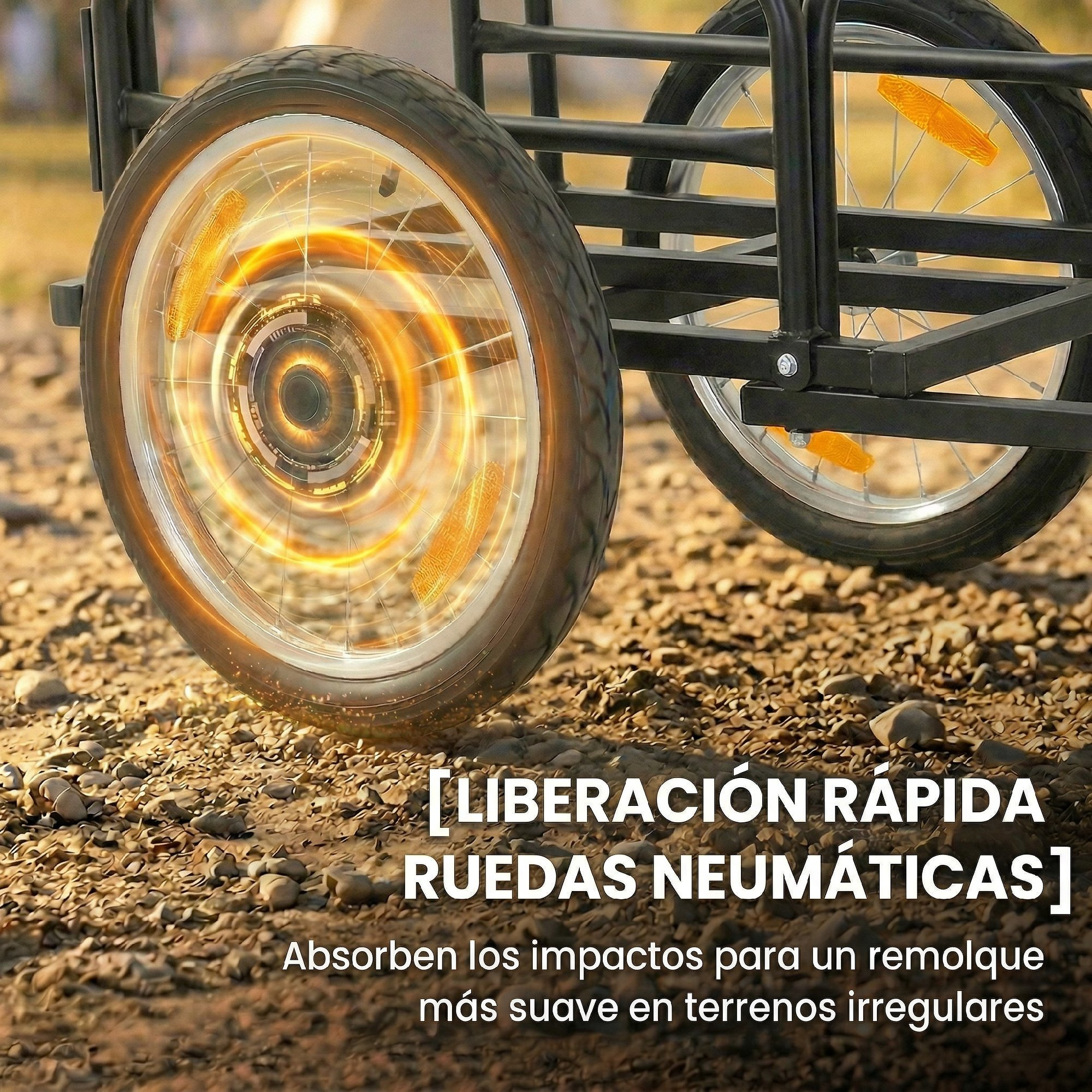 Dos ruedas de remolque sobre grava con efectos de luz.